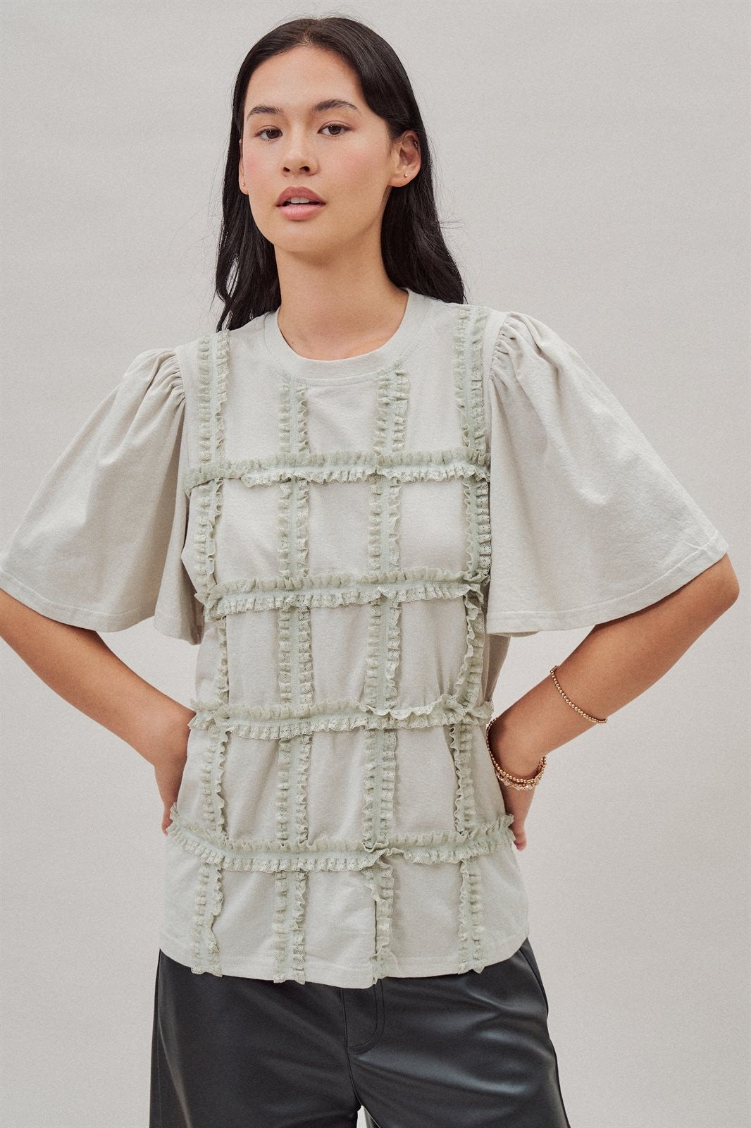 Lace Ruffle Grid Cotton Tee with Flutter Sleeves in Lt Grey - Women's Fashion | Urban Daizy
