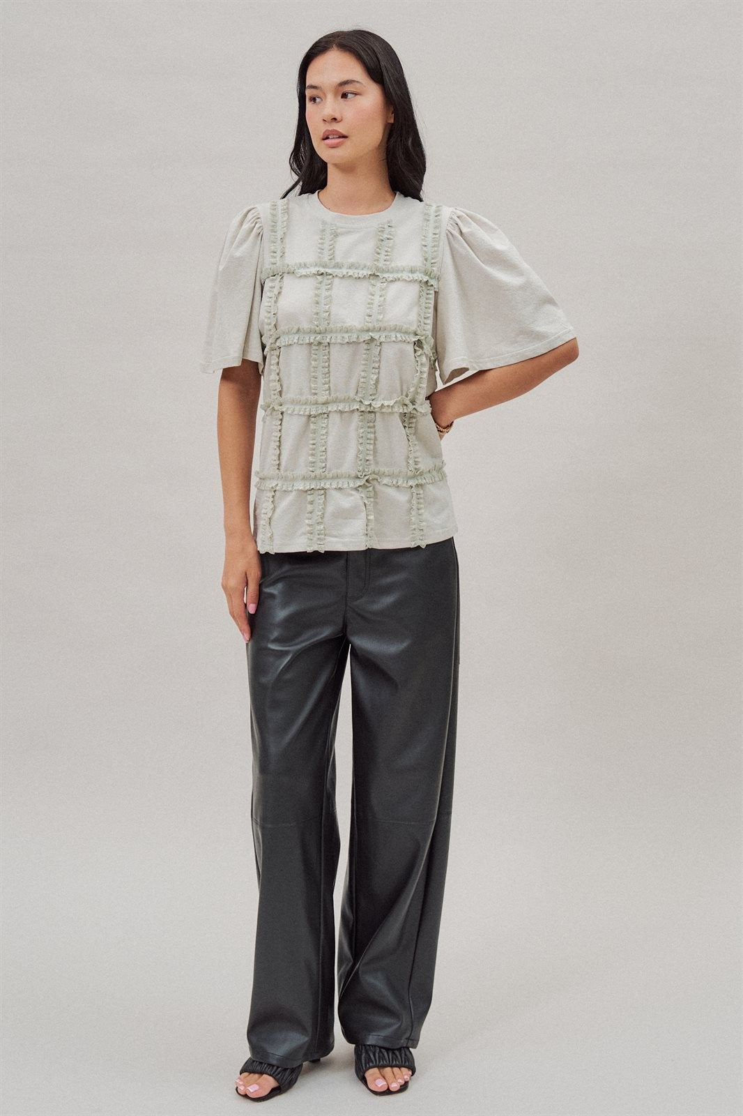Lace Ruffle Grid Cotton Tee with Flutter Sleeves in Lt Grey - Women's Fashion | Urban Daizy