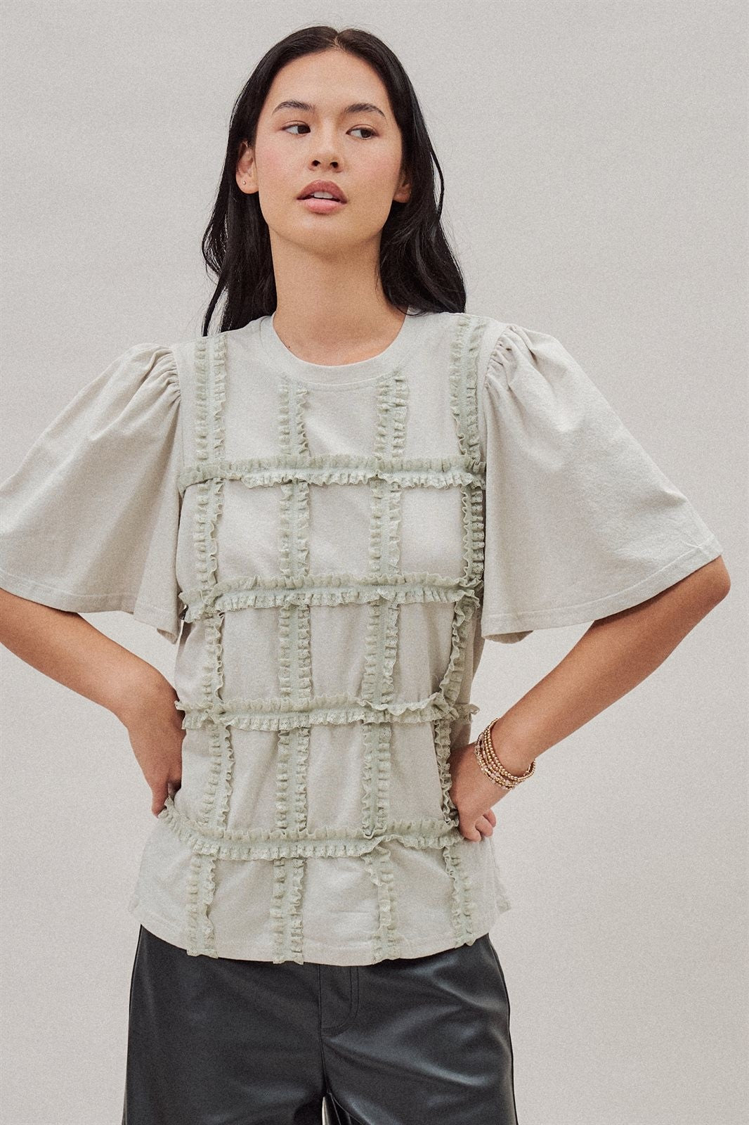 Lace Ruffle Grid Cotton Tee with Flutter Sleeves in Lt Grey - Women's Fashion | Urban Daizy