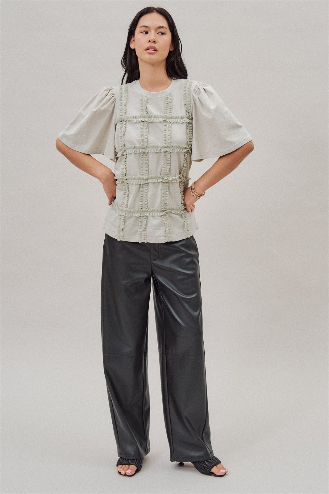 Lace Ruffle Grid Cotton Tee with Flutter Sleeves in Lt Grey - Women's Fashion | Urban Daizy