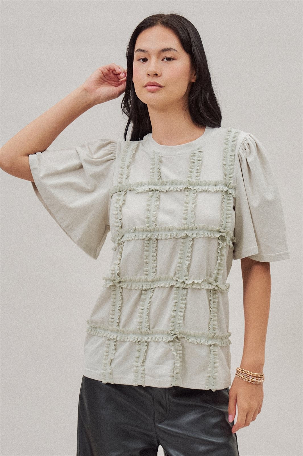Lace Ruffle Grid Cotton Tee with Flutter Sleeves in Lt Grey - Women's Fashion | Urban Daizy