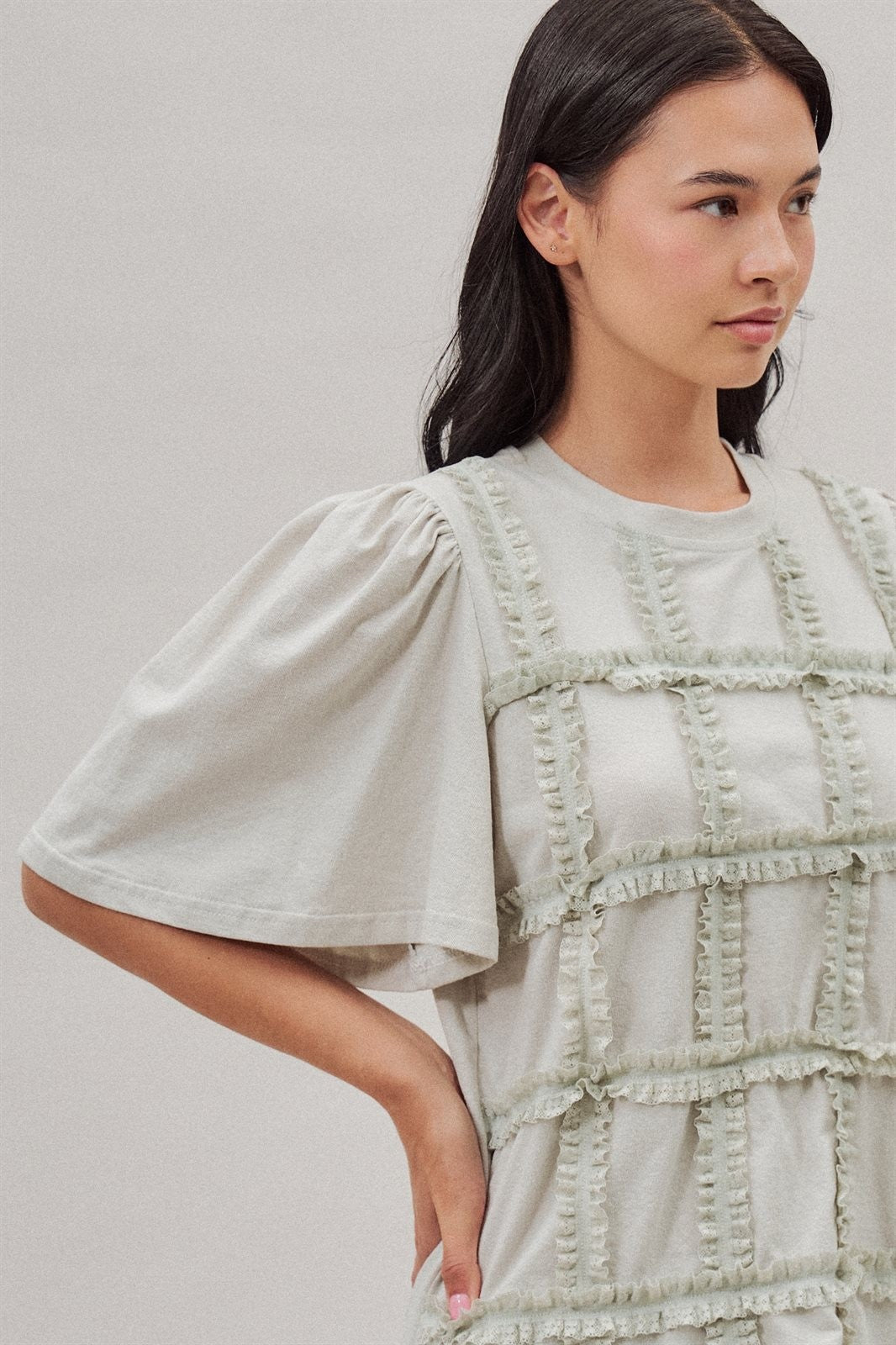 Lace Ruffle Grid Cotton Tee with Flutter Sleeves in Lt Grey - Women's Fashion | Urban Daizy