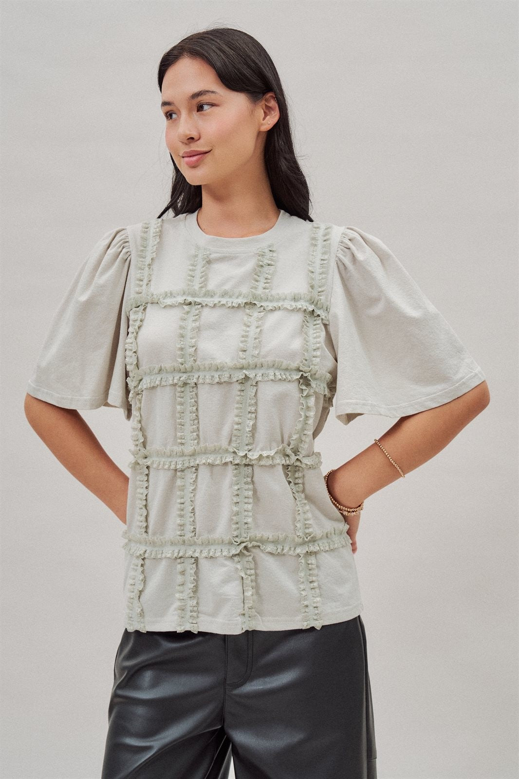 Lace Ruffle Grid Cotton Tee with Flutter Sleeves in Lt Grey - Women's Fashion | Urban Daizy