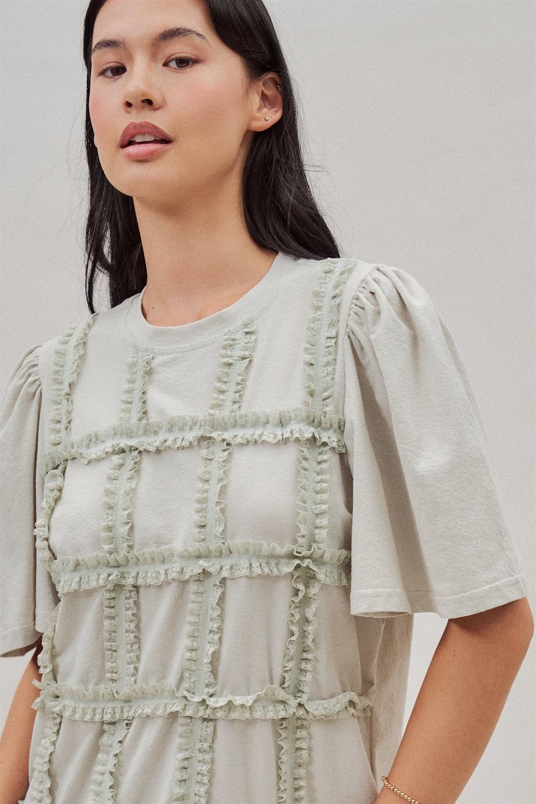 Lace Ruffle Grid Cotton Tee with Flutter Sleeves in Lt Grey - Women's Fashion | Urban Daizy