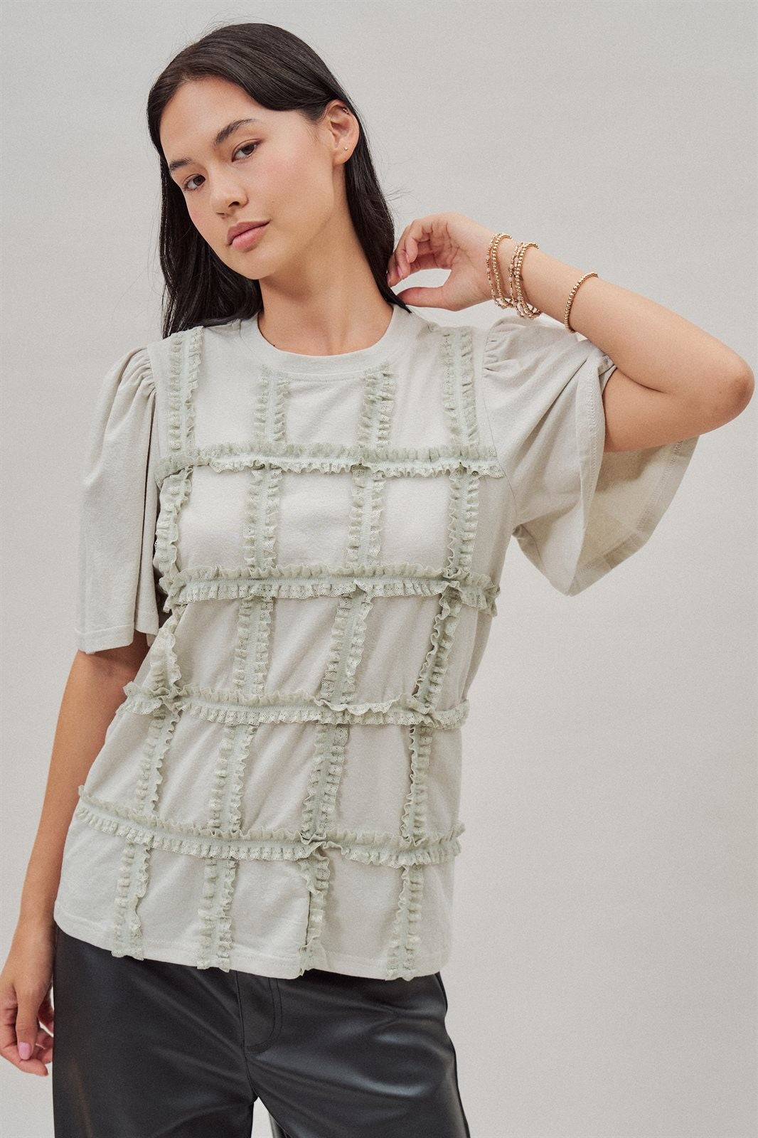 Lace Ruffle Grid Cotton Tee with Flutter Sleeves in Lt Grey - Women's Fashion | Urban Daizy