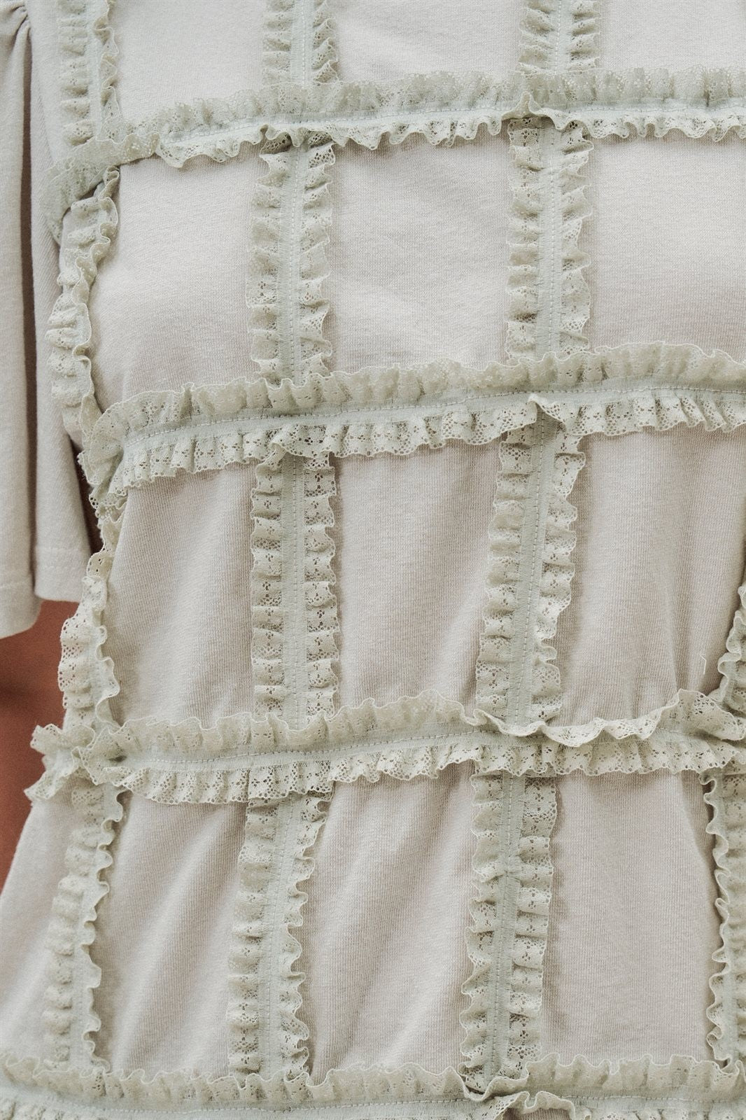 Lace Ruffle Grid Cotton Tee with Flutter Sleeves in Lt Grey - Women's Fashion | Urban Daizy