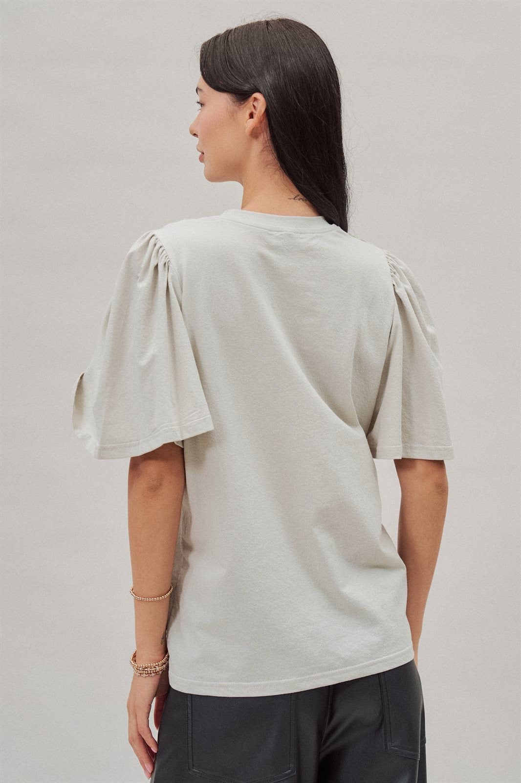 Lace Ruffle Grid Cotton Tee with Flutter Sleeves in Lt Grey - Women's Fashion | Urban Daizy
