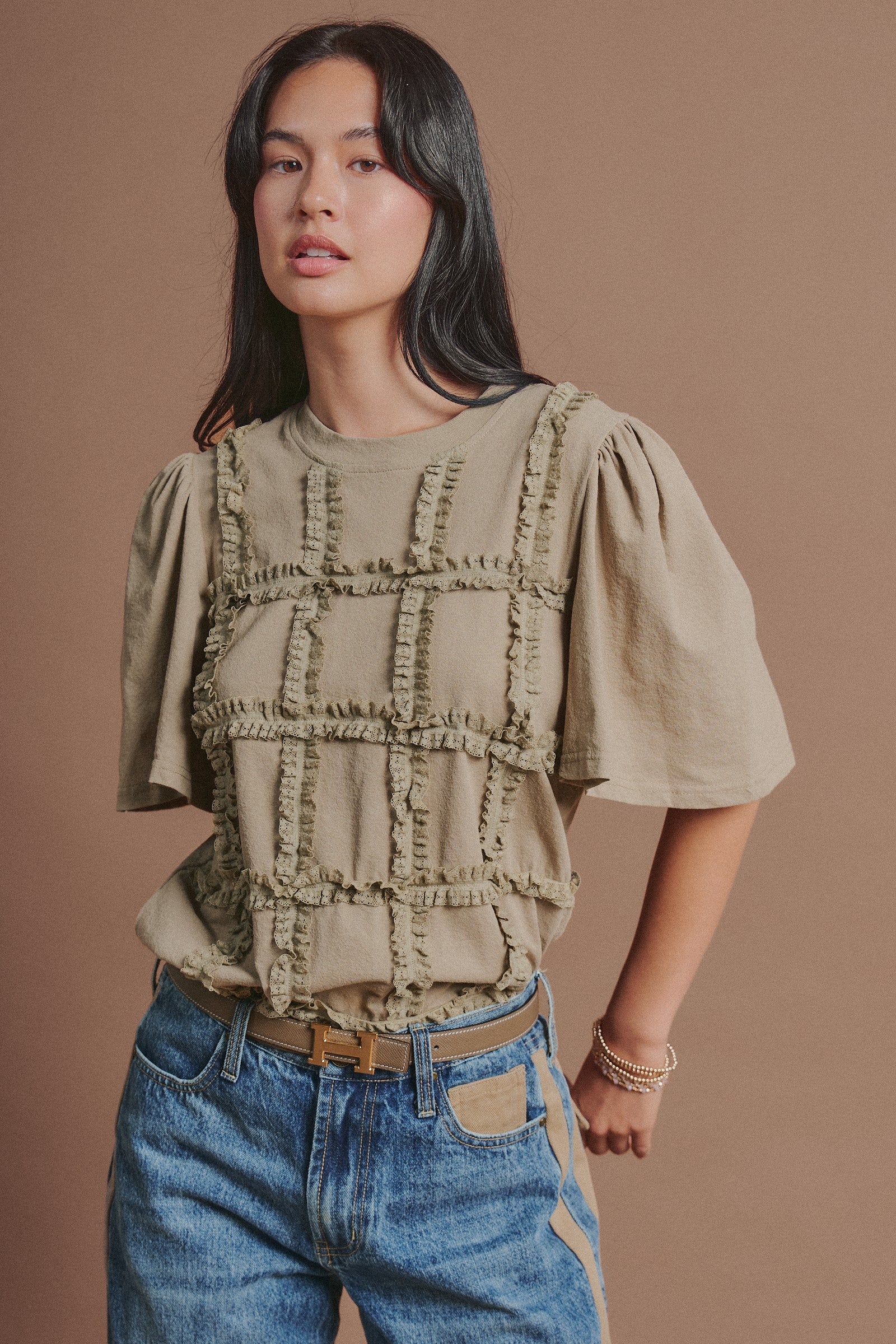 Lace Ruffle Grid Cotton Tee with Flutter Sleeves in Olive - Women's Fashion | Urban Daizy