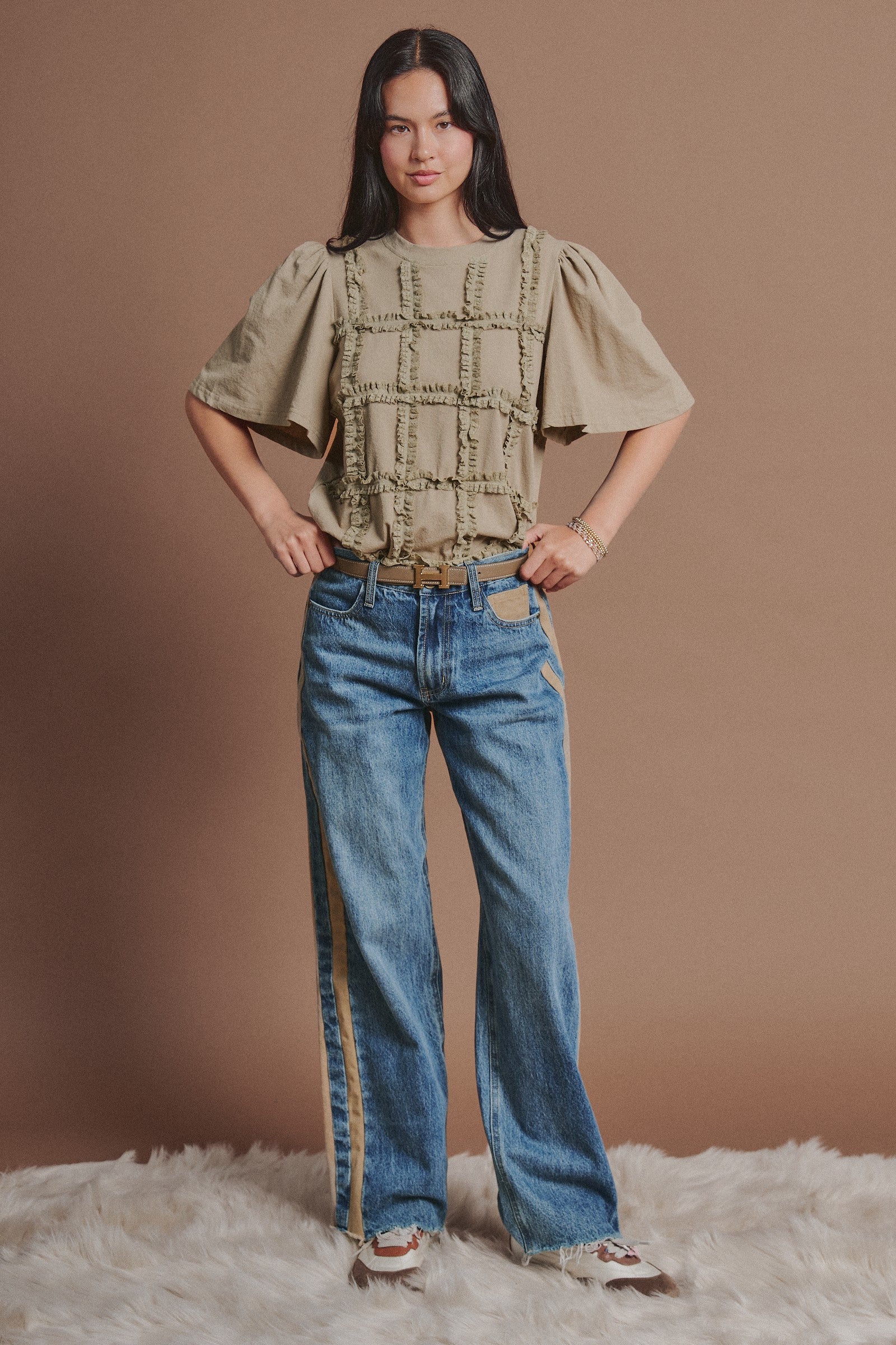 Lace Ruffle Grid Cotton Tee with Flutter Sleeves in Olive - Women's Fashion | Urban Daizy