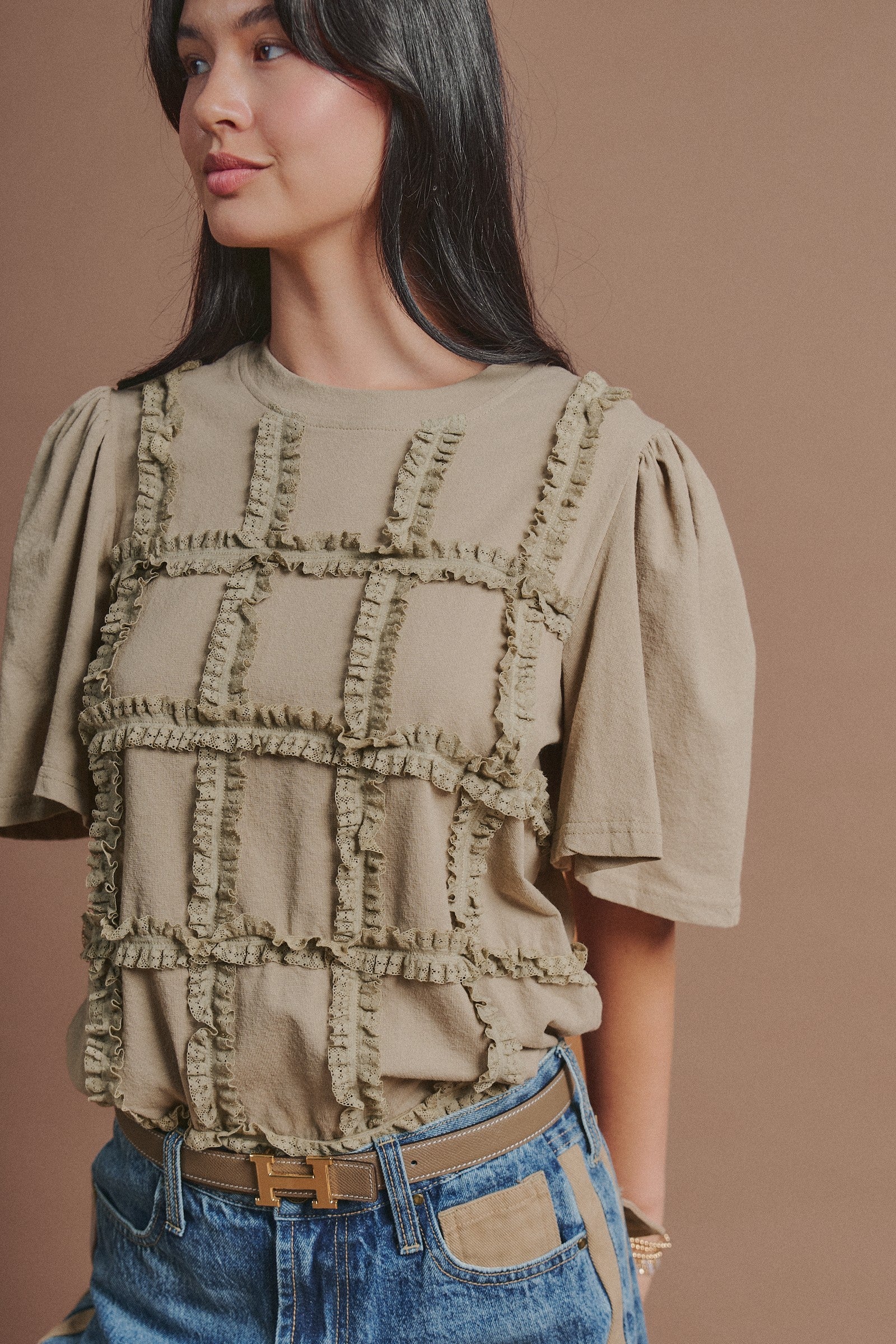 Lace Ruffle Grid Cotton Tee with Flutter Sleeves in Olive - Women's Fashion | Urban Daizy