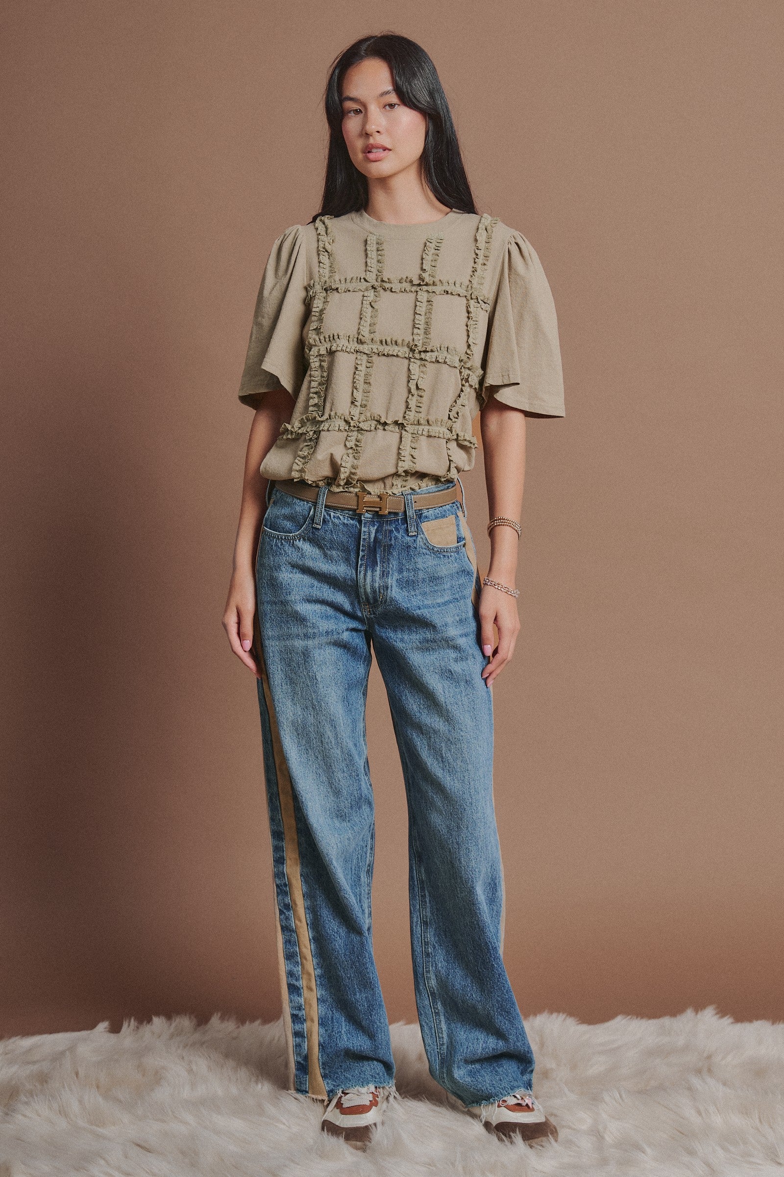 Lace Ruffle Grid Cotton Tee with Flutter Sleeves in Olive - Women's Fashion | Urban Daizy
