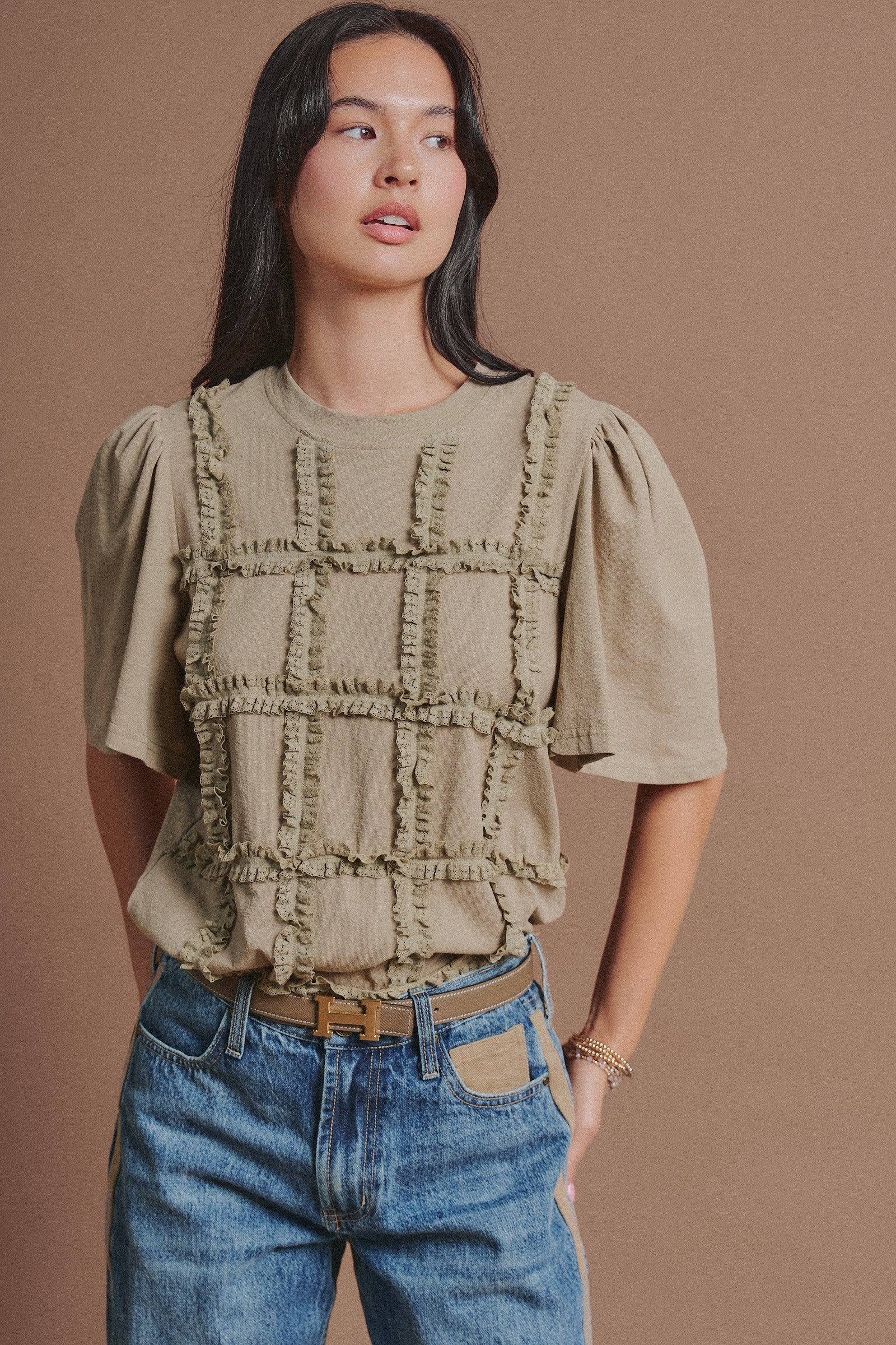Lace Ruffle Grid Cotton Tee with Flutter Sleeves in Olive - Women's Fashion | Urban Daizy