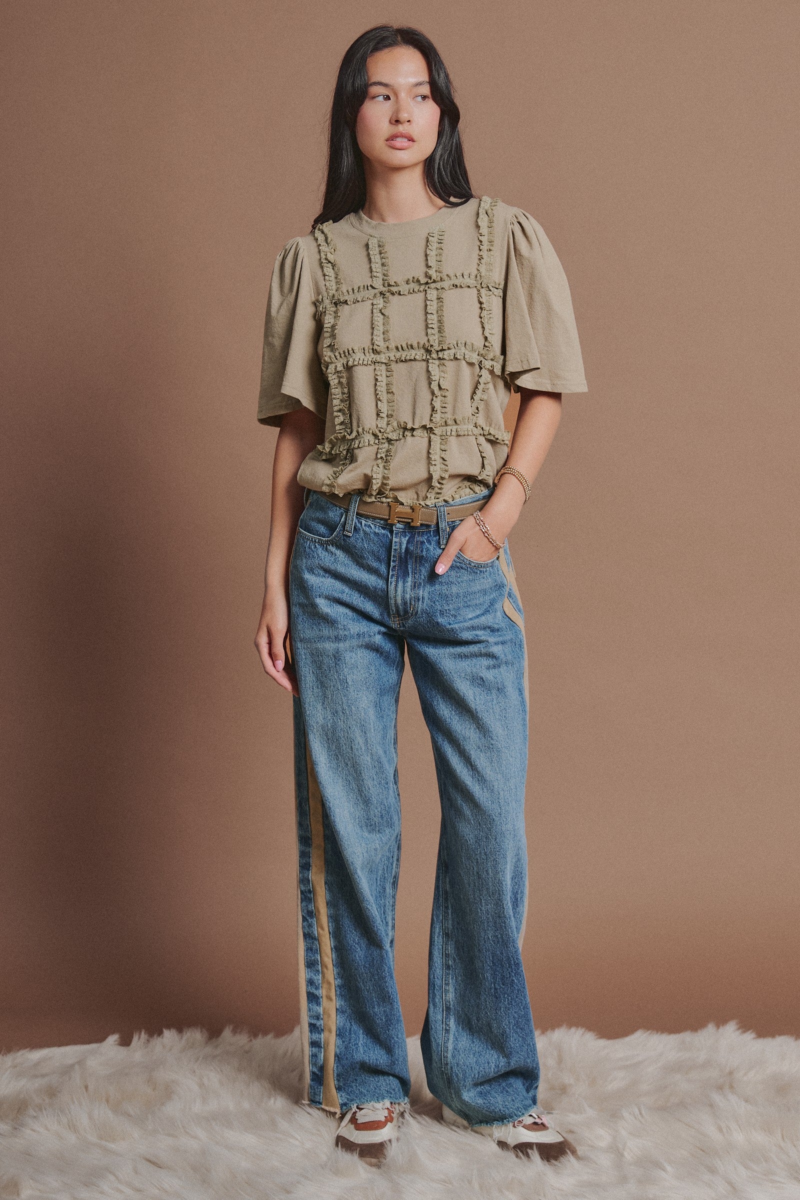 Lace Ruffle Grid Cotton Tee with Flutter Sleeves in Olive - Women's Fashion | Urban Daizy
