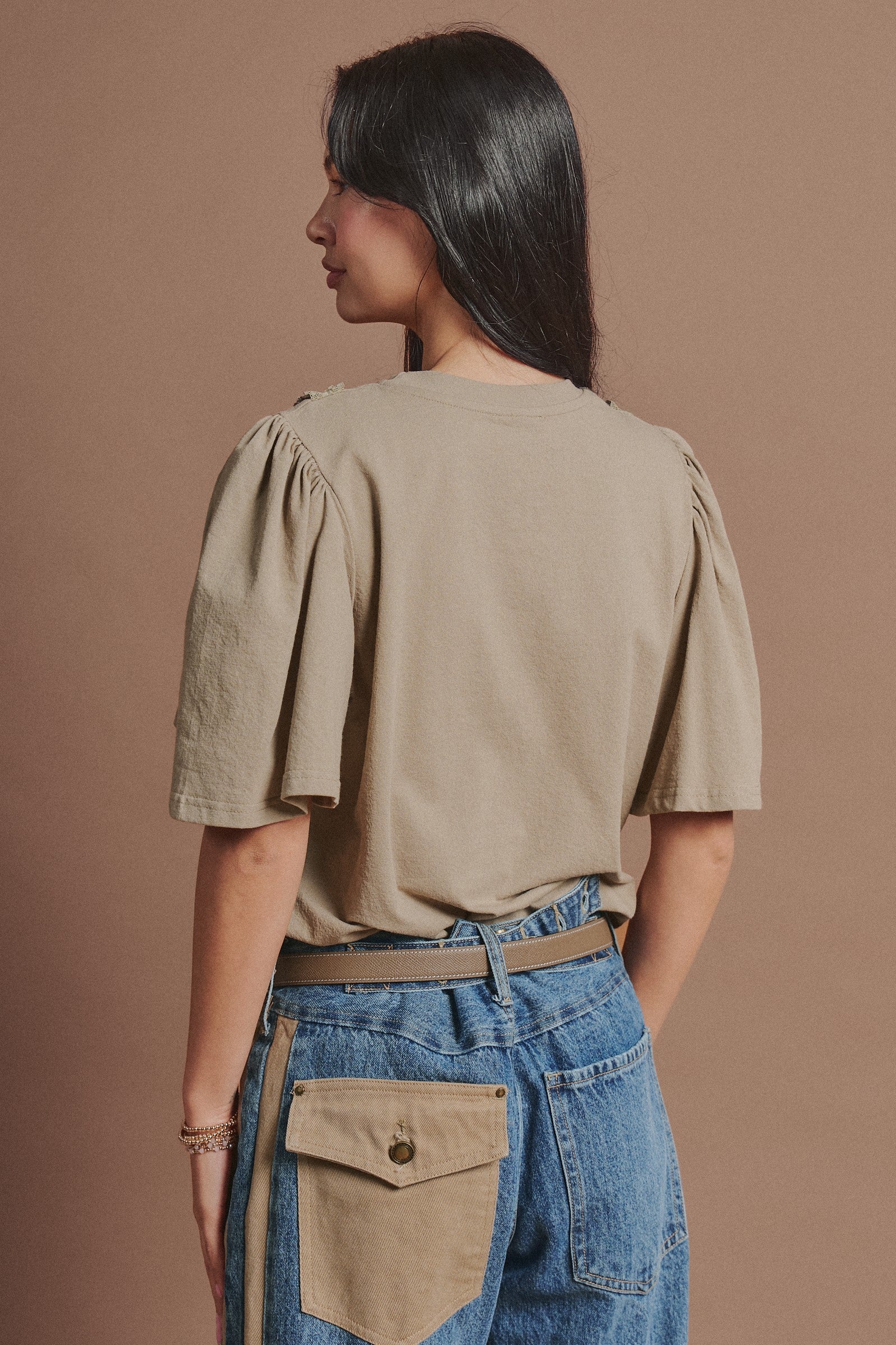 Lace Ruffle Grid Cotton Tee with Flutter Sleeves in Olive - Women's Fashion | Urban Daizy