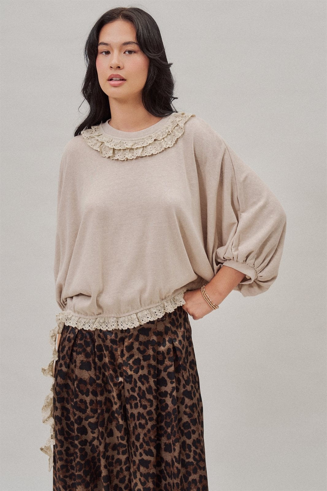 Crochet Trim Dolman Knit Top with Lace Hem in Lt Grey - Women's Fashion | Urban Daizy
