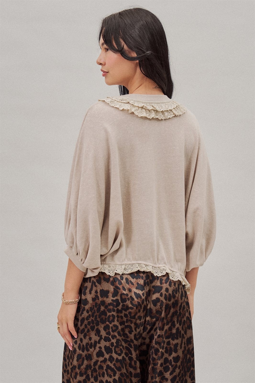 Crochet Trim Dolman Knit Top with Lace Hem in Lt Grey - Women's Fashion | Urban Daizy