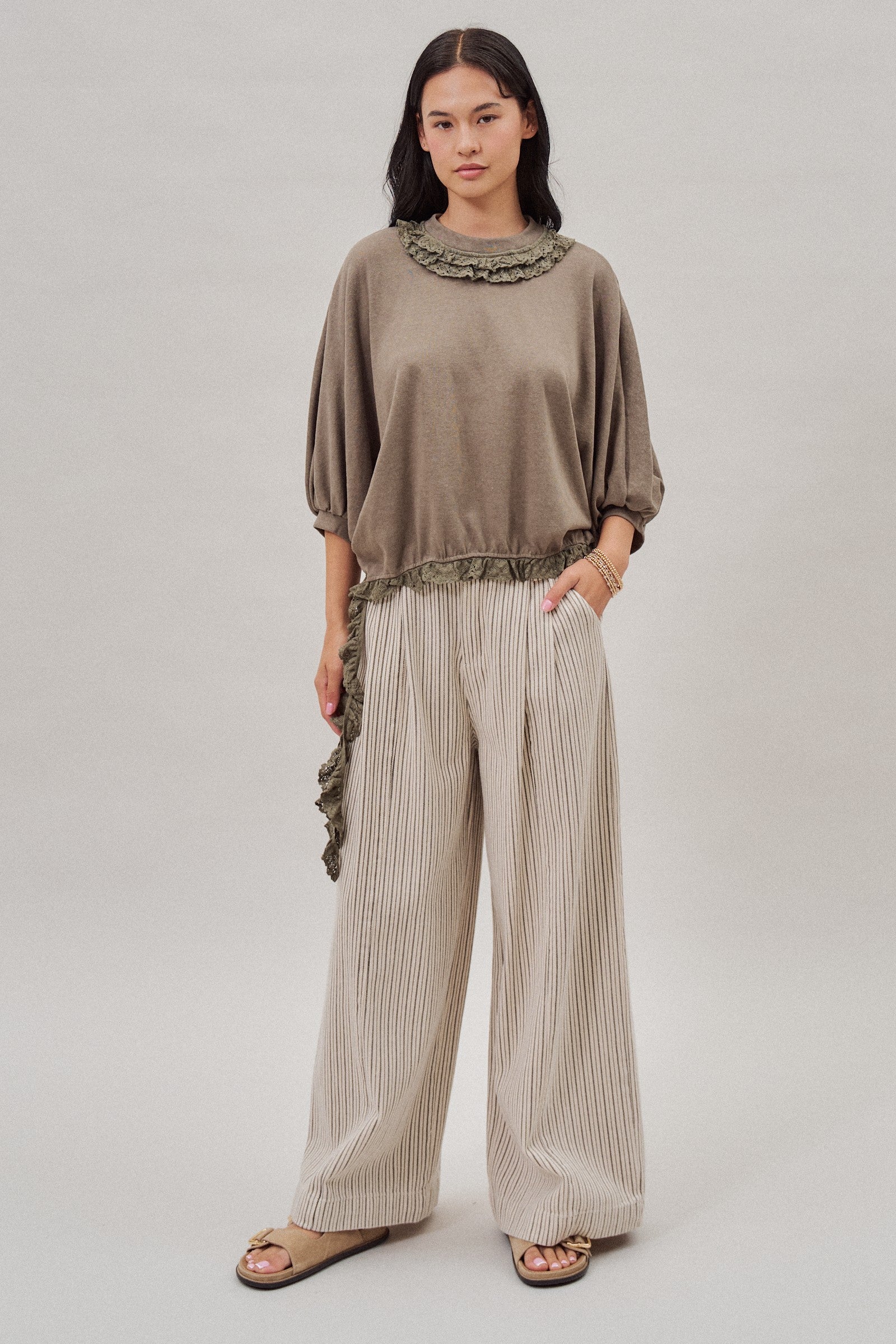 Crochet Trim Dolman Knit Top with Lace Hem in Olive - Women's Fashion | Urban Daizy
