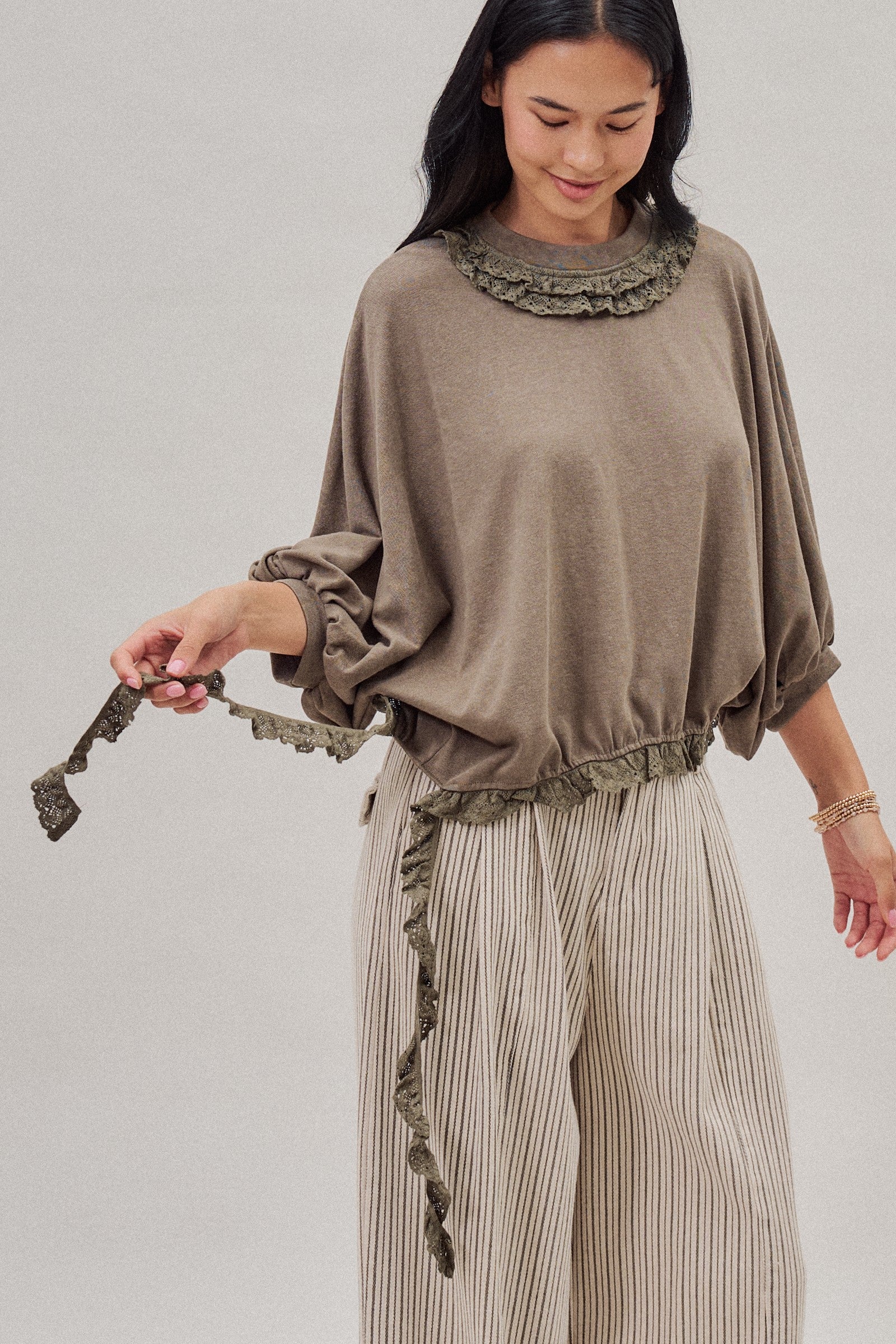Crochet Trim Dolman Knit Top with Lace Hem in Olive - Women's Fashion | Urban Daizy