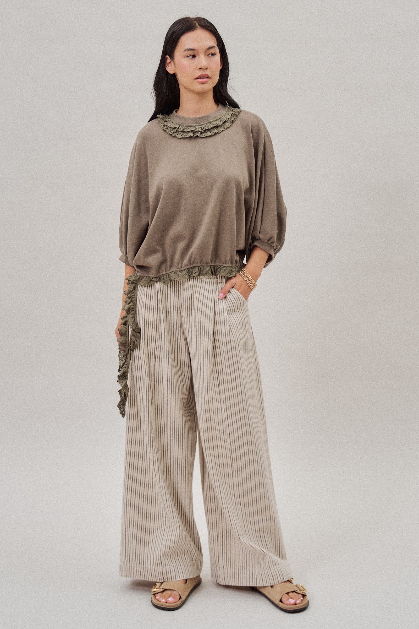 Crochet Trim Dolman Knit Top with Lace Hem in Olive - Women's Fashion | Urban Daizy