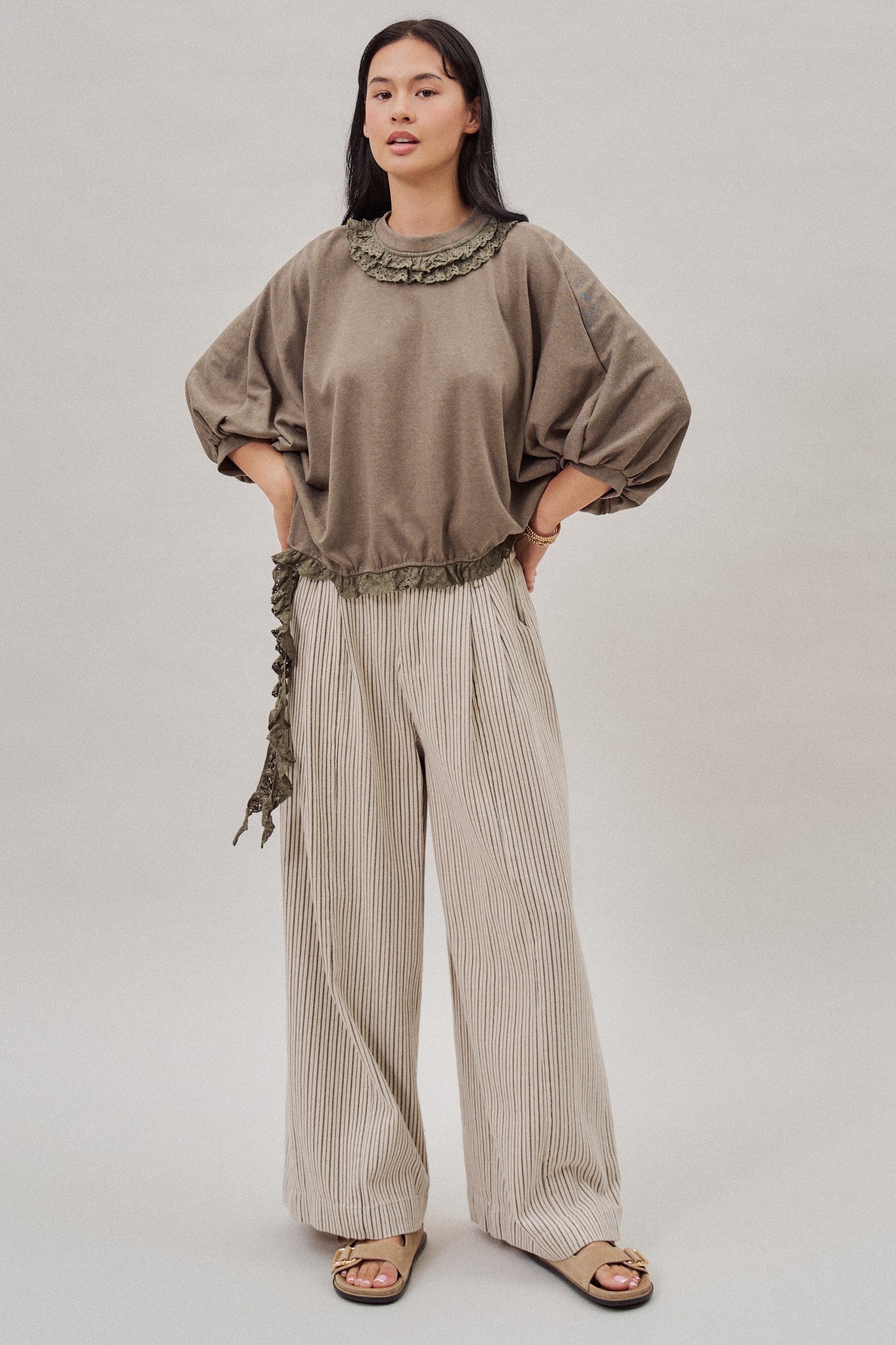 Crochet Trim Dolman Knit Top with Lace Hem in Olive - Women's Fashion | Urban Daizy