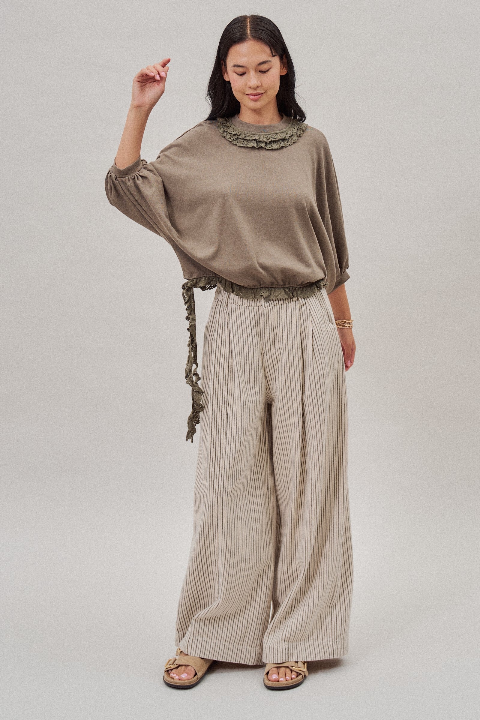 Crochet Trim Dolman Knit Top with Lace Hem in Olive - Women's Fashion | Urban Daizy