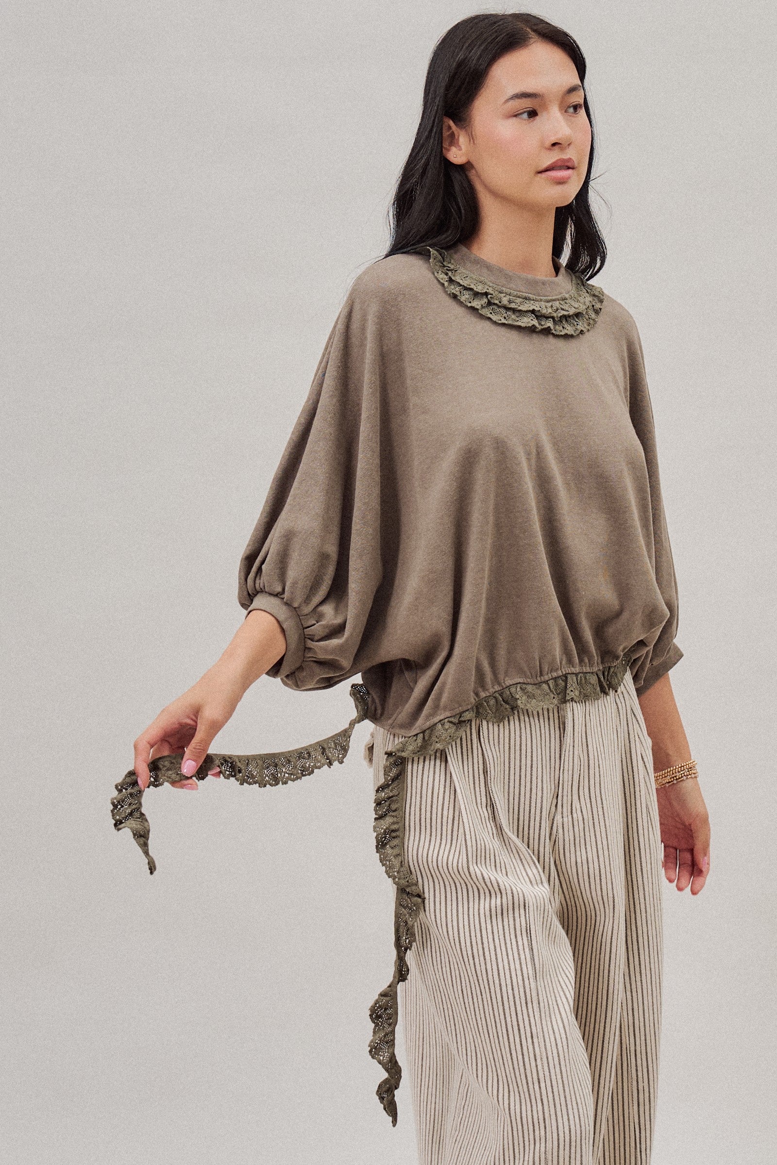 Crochet Trim Dolman Knit Top with Lace Hem in Olive - Women's Fashion | Urban Daizy