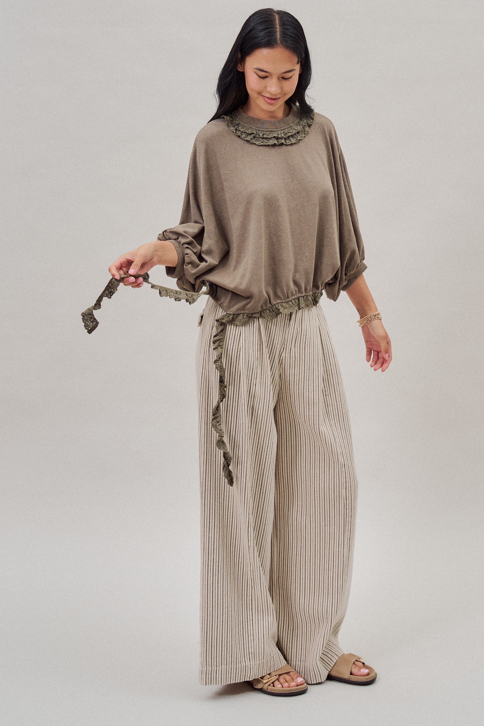 Crochet Trim Dolman Knit Top with Lace Hem in Olive - Women's Fashion | Urban Daizy