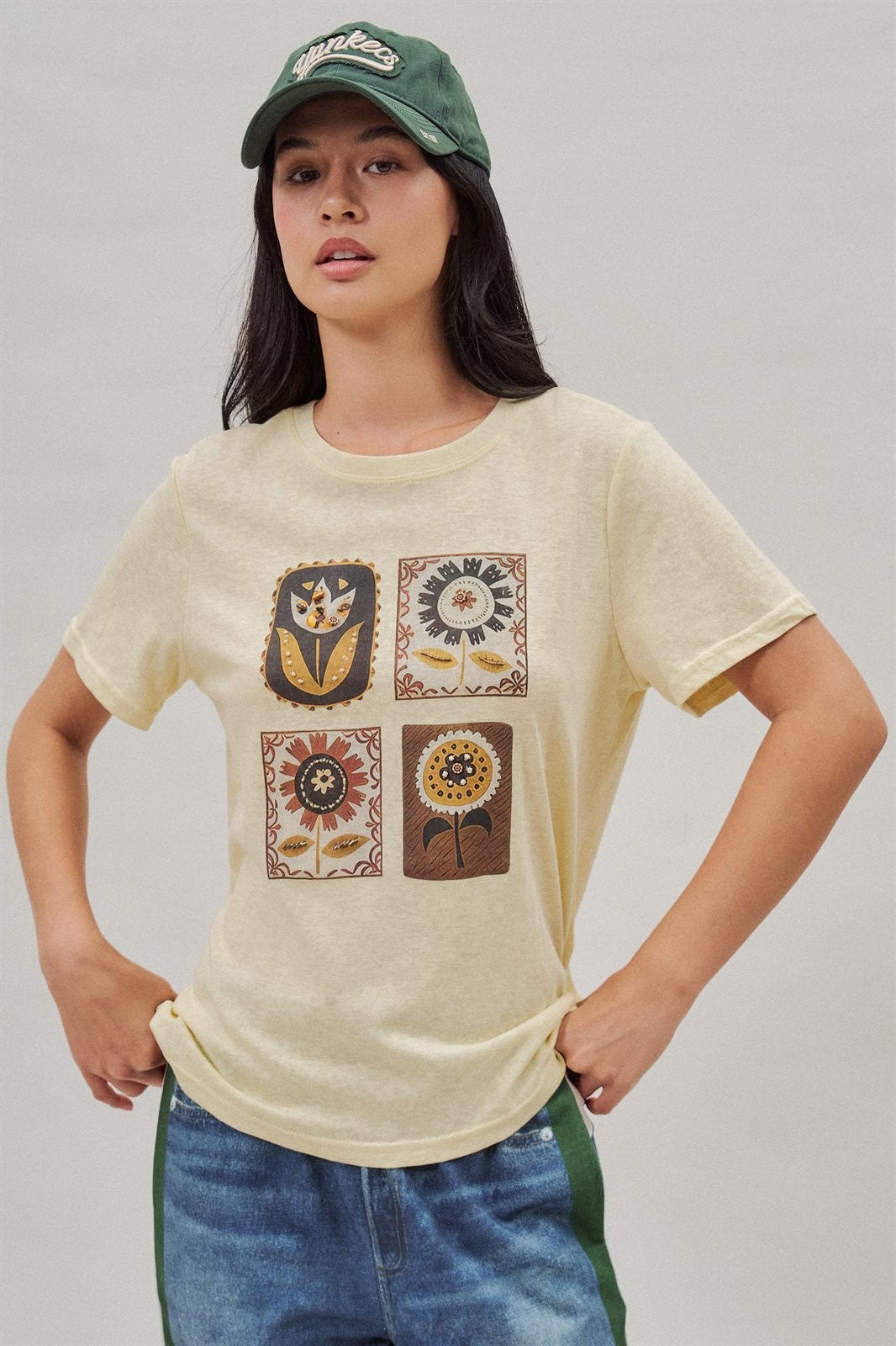 Folk Floral Beaded Graphic Slub Cotton Tee in Charcoal - Women's Fashion | Urban Daizy