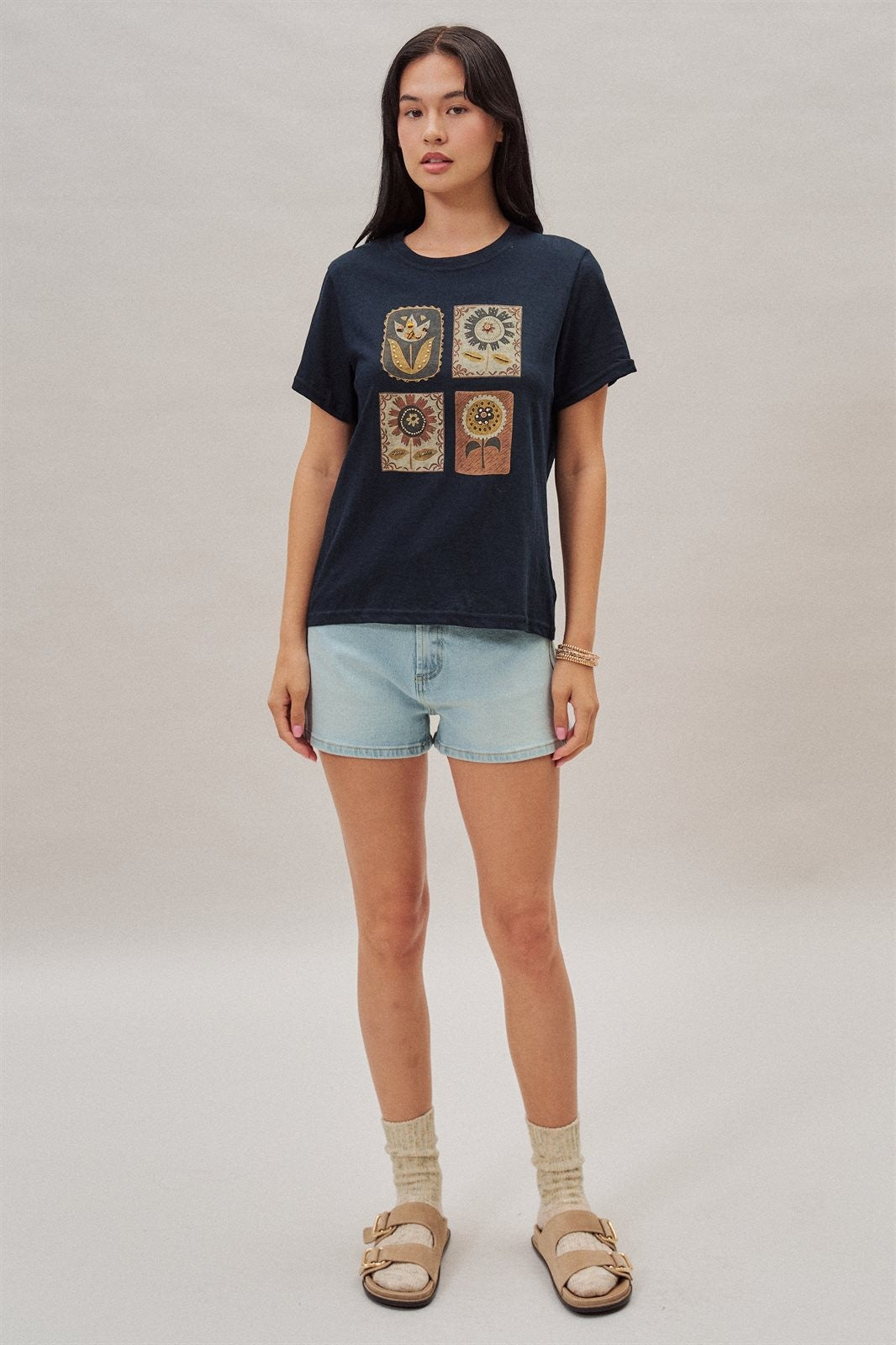 Folk Floral Beaded Graphic Slub Cotton Tee in Navy - Women's Fashion | Urban Daizy