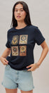 Folk Floral Beaded Graphic Slub Cotton Tee in Navy - Women's Fashion | Urban Daizy