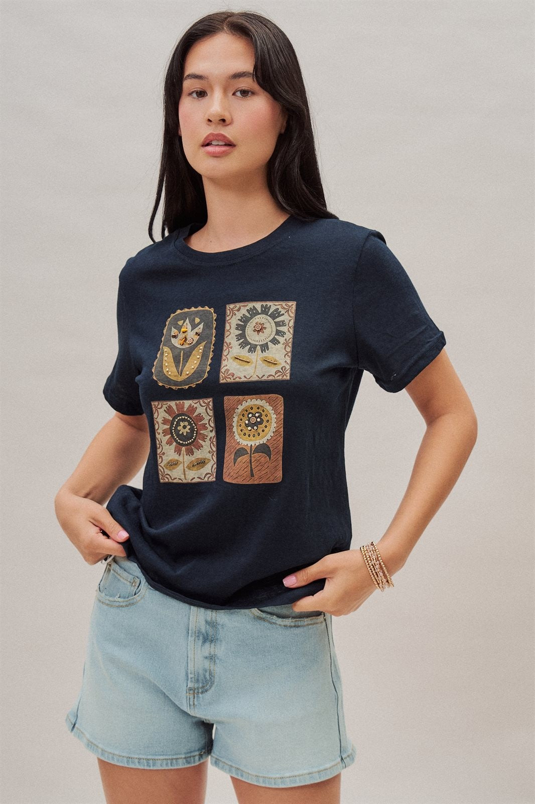 Folk Floral Beaded Graphic Slub Cotton Tee in Navy - Women's Fashion | Urban Daizy