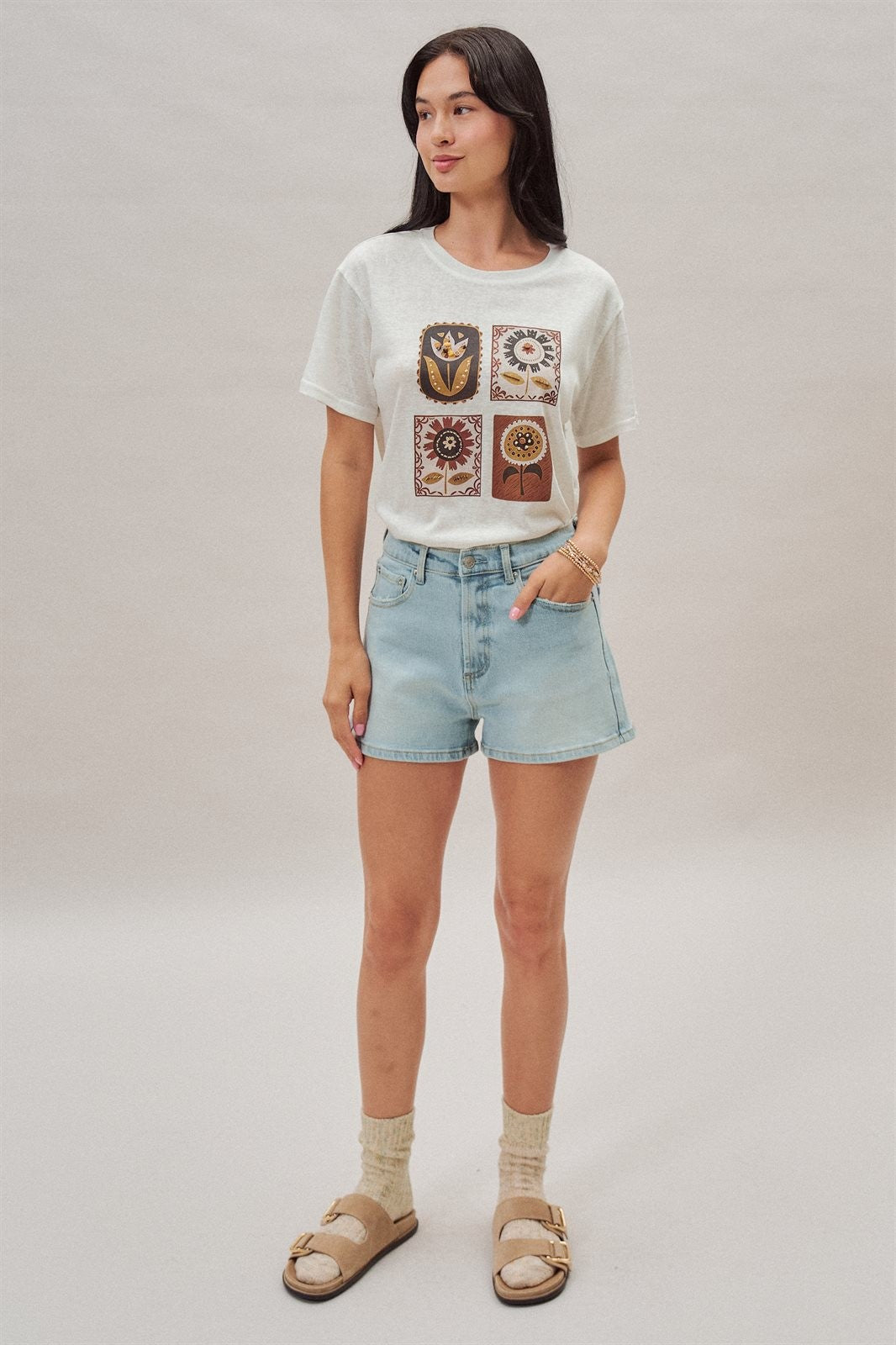 Folk Floral Beaded Graphic Slub Cotton Tee in White - Women's Fashion | Urban Daizy