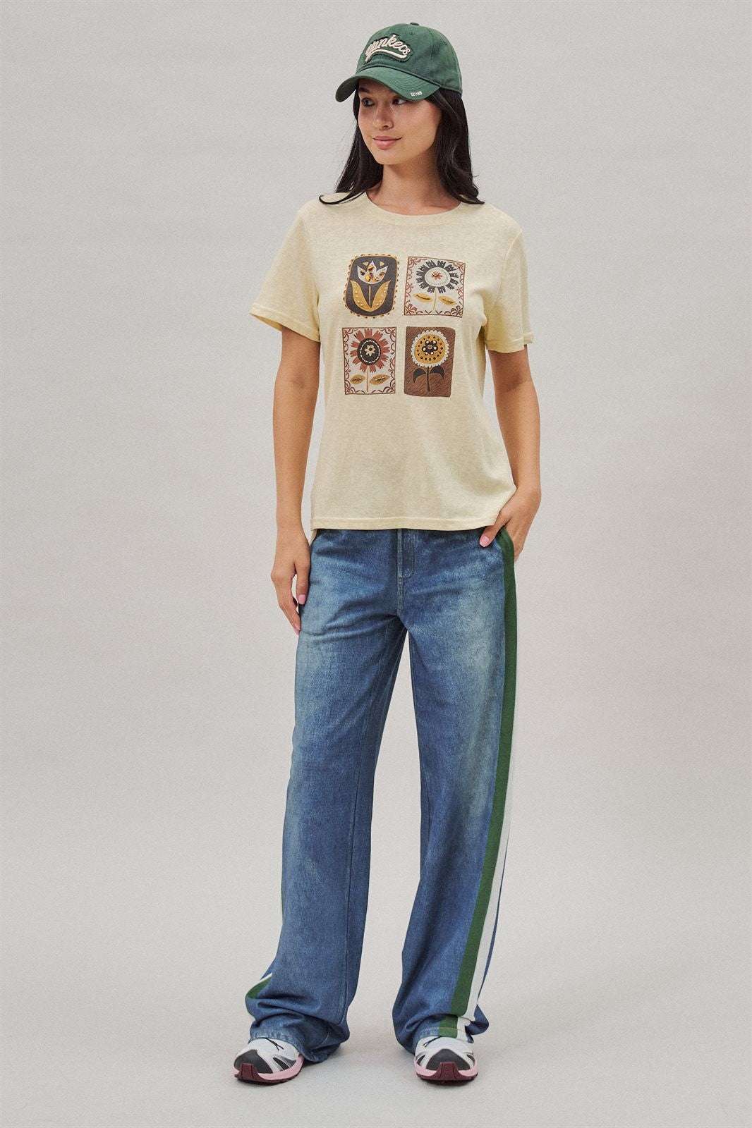 Folk Floral Beaded Graphic Slub Cotton Tee in Yellow - Women's Fashion | Urban Daizy