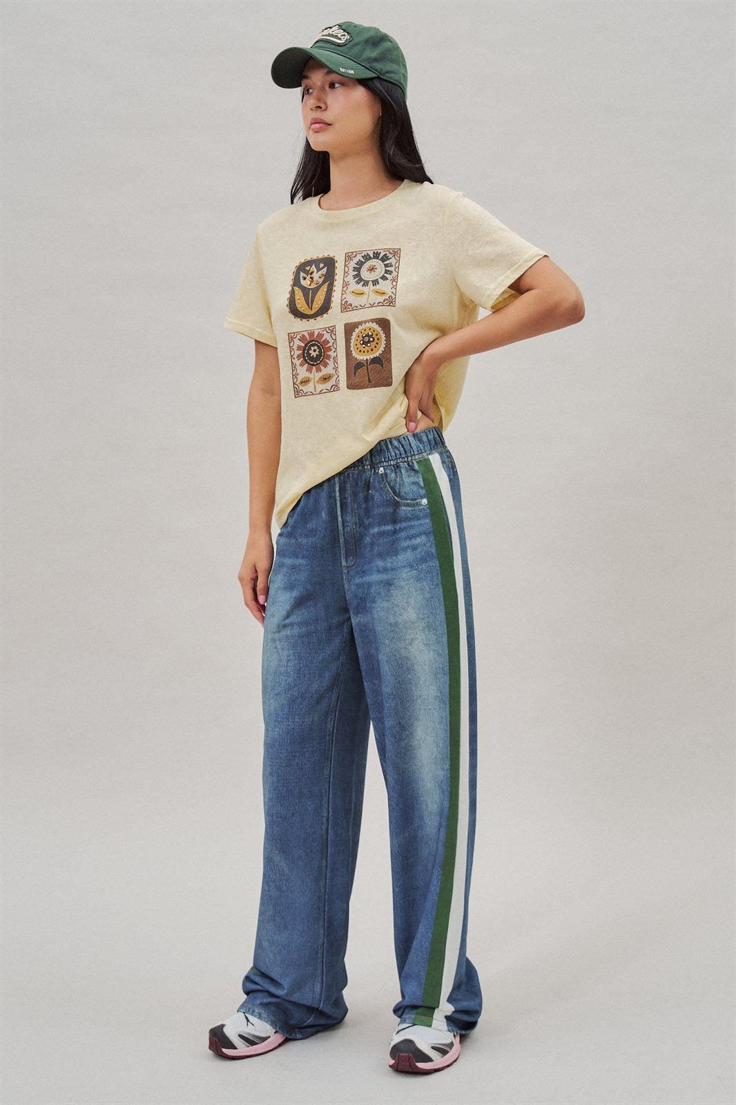 Folk Floral Beaded Graphic Slub Cotton Tee in Yellow - Women's Fashion | Urban Daizy