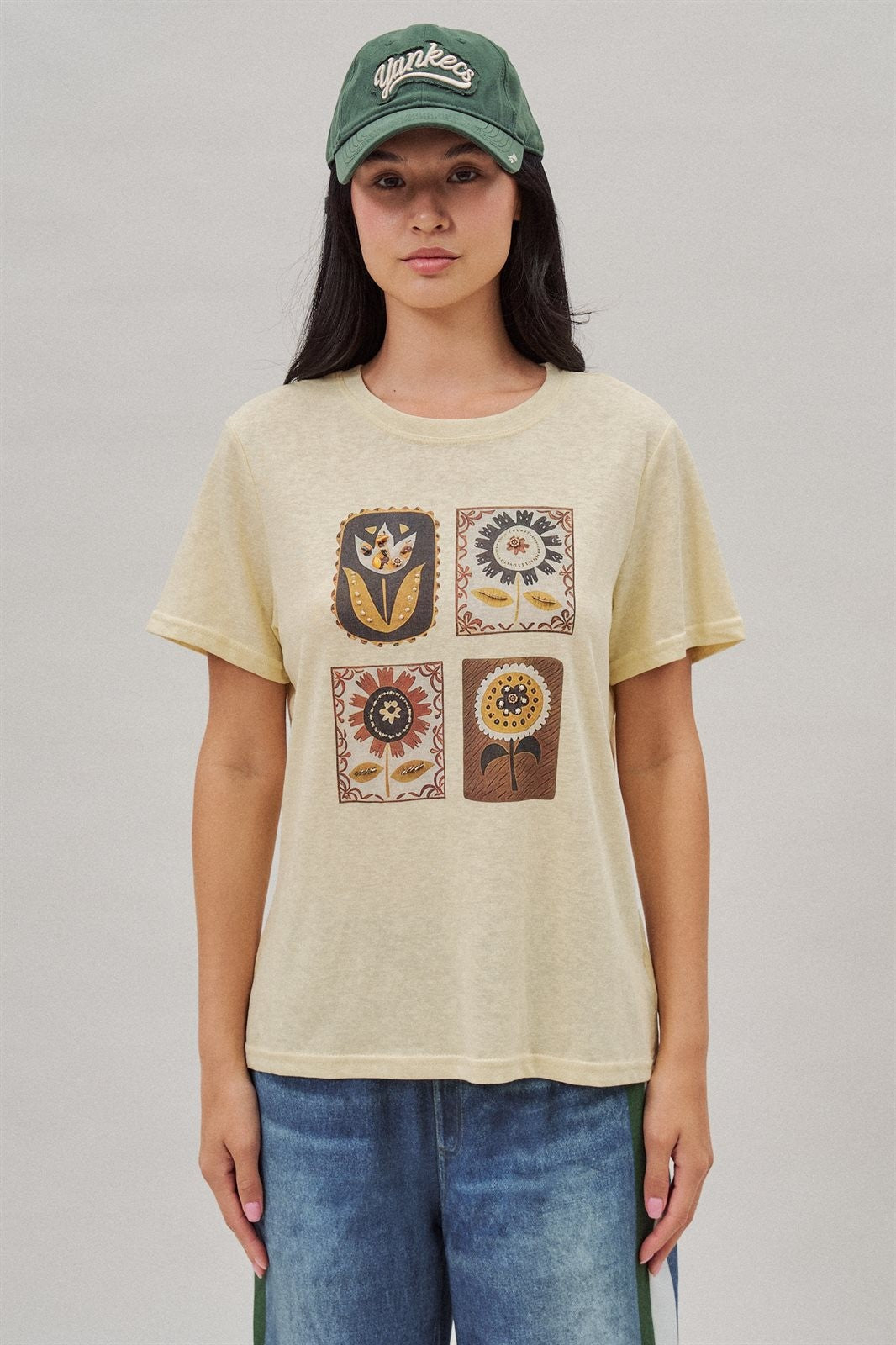 Folk Floral Beaded Graphic Slub Cotton Tee in Yellow - Women's Fashion | Urban Daizy