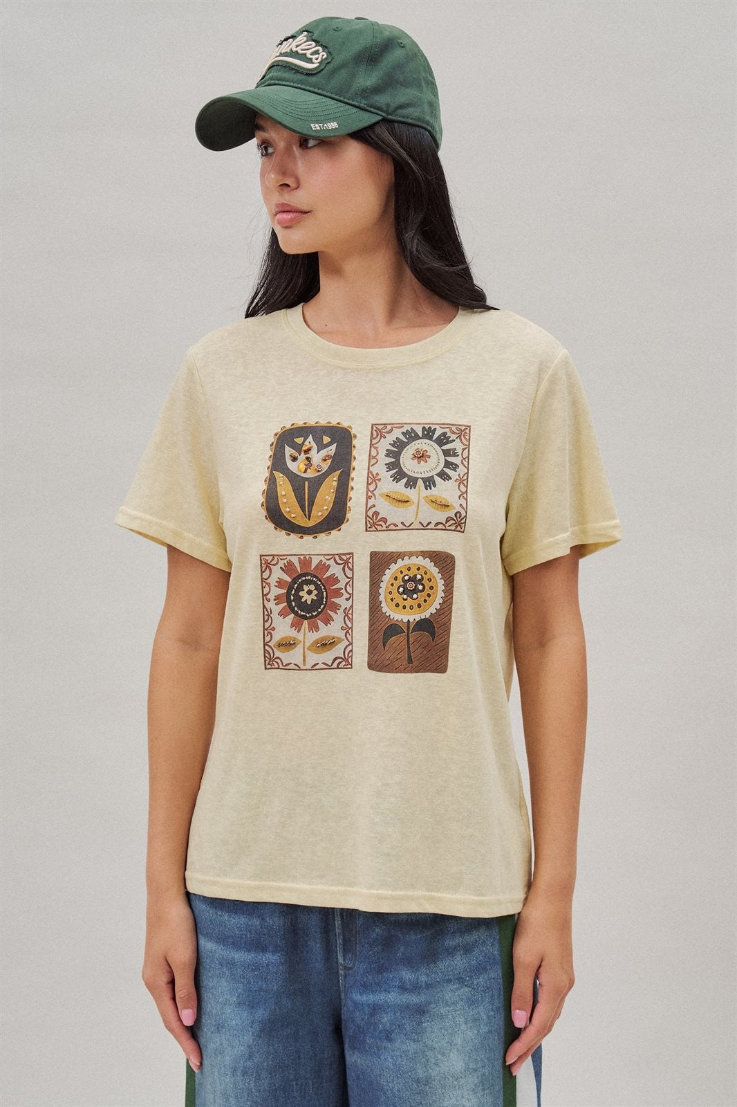 Folk Floral Beaded Graphic Slub Cotton Tee in Yellow - Women's Fashion | Urban Daizy
