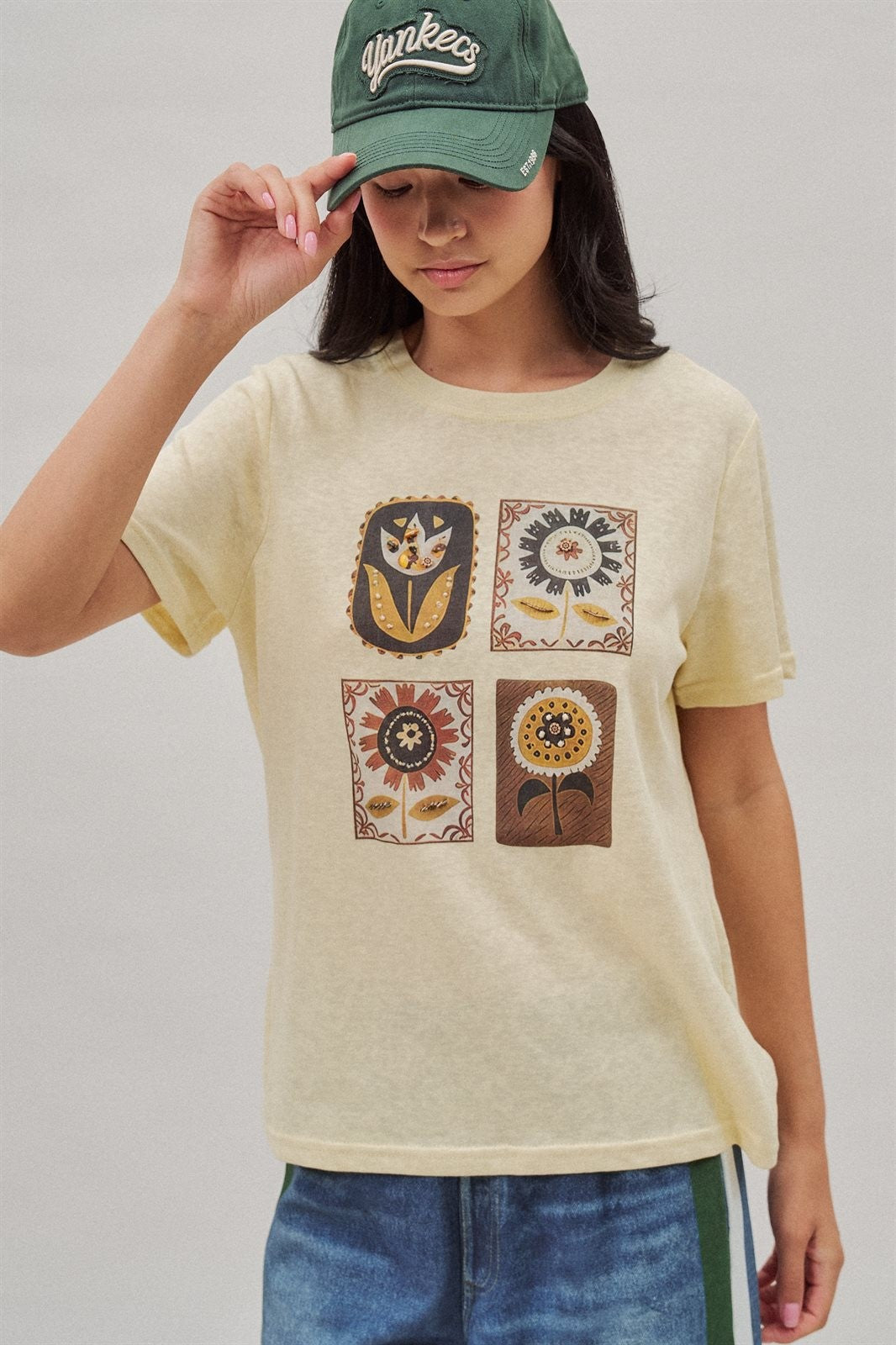 Folk Floral Beaded Graphic Slub Cotton Tee in Yellow - Women's Fashion | Urban Daizy