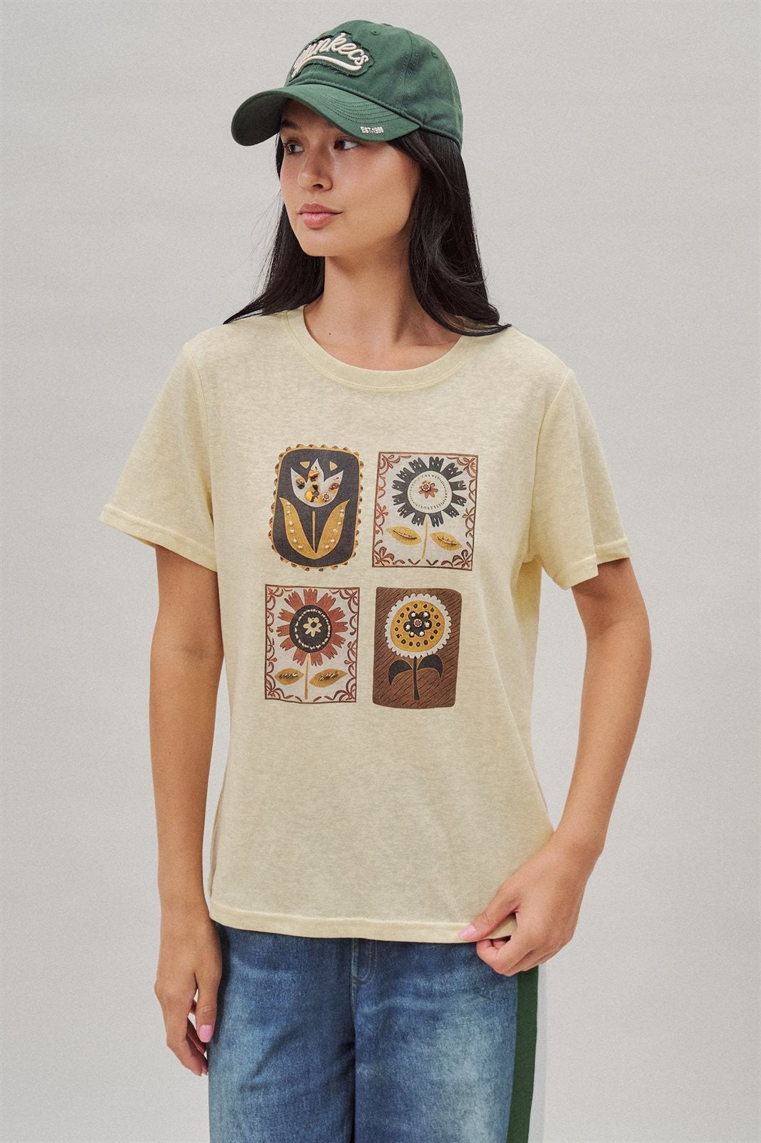 Folk Floral Beaded Graphic Slub Cotton Tee in Yellow - Women's Fashion | Urban Daizy