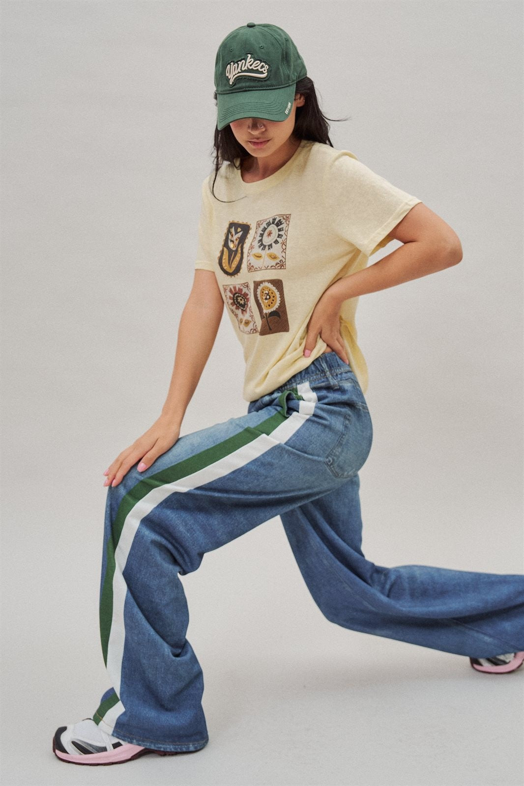 Folk Floral Beaded Graphic Slub Cotton Tee in Yellow - Women's Fashion | Urban Daizy