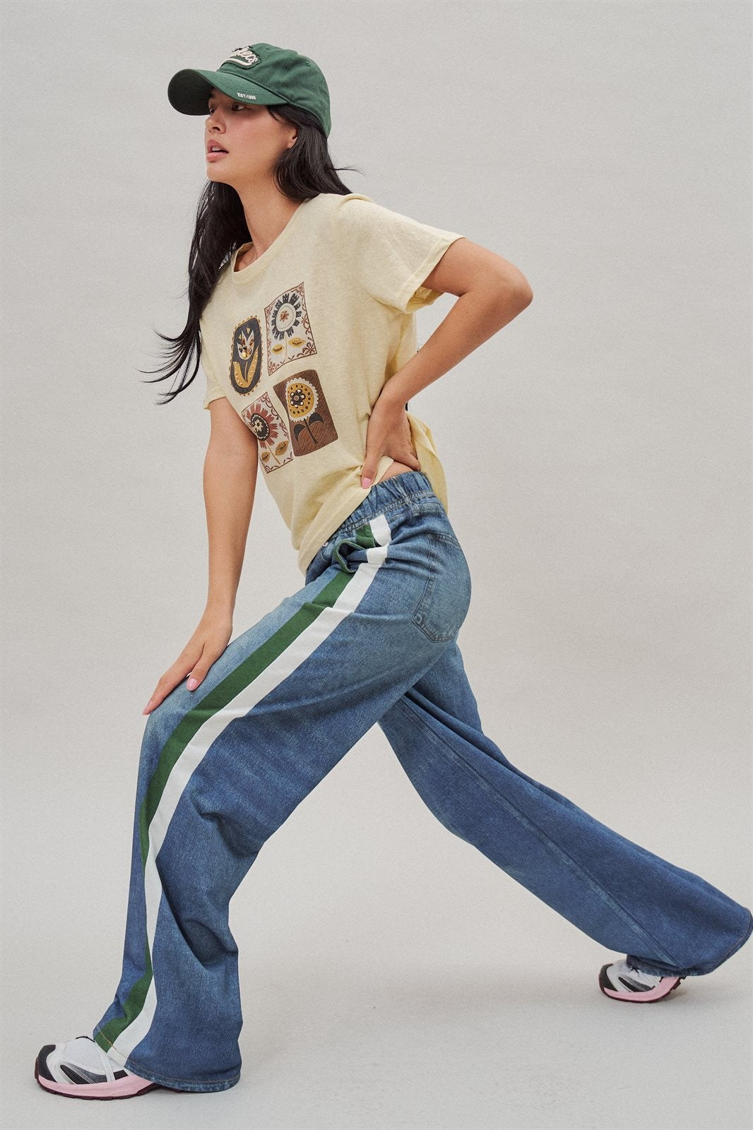 Folk Floral Beaded Graphic Slub Cotton Tee in Yellow - Women's Fashion | Urban Daizy