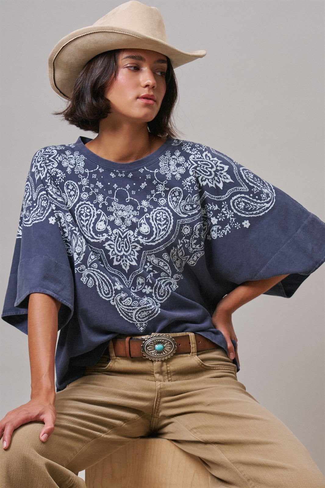 Bandana Print Oversized Graphic Tee, Washed Cotton in Indigo - Women's Graphic T-shirts | Urban Daizy