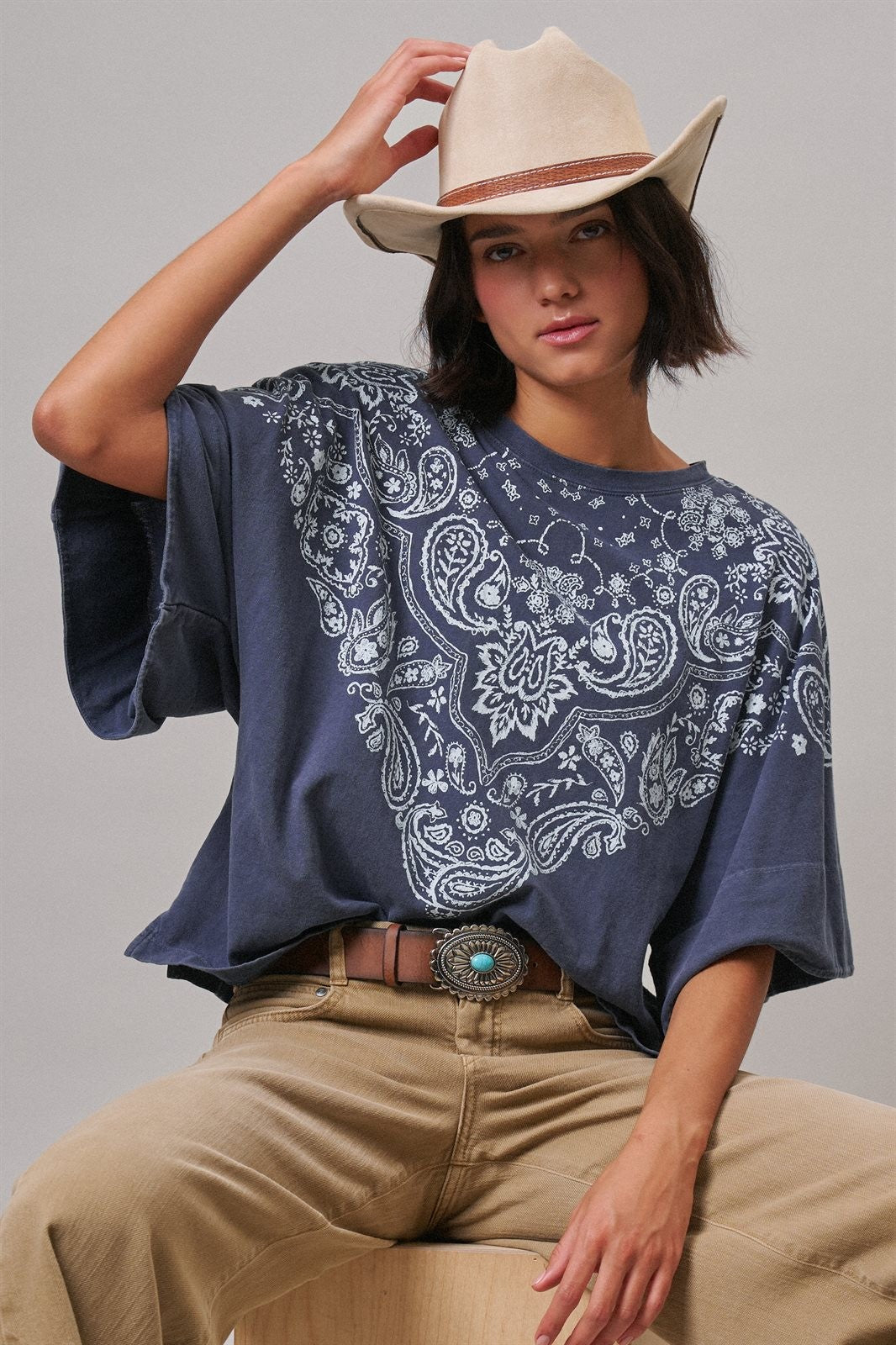 Bandana Print Oversized Graphic Tee, Washed Cotton in Indigo - Women's Graphic T-shirts | Urban Daizy