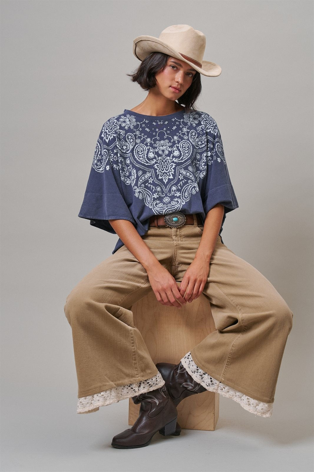 Bandana Print Oversized Graphic Tee, Washed Cotton in Indigo - Women's Graphic T-shirts | Urban Daizy