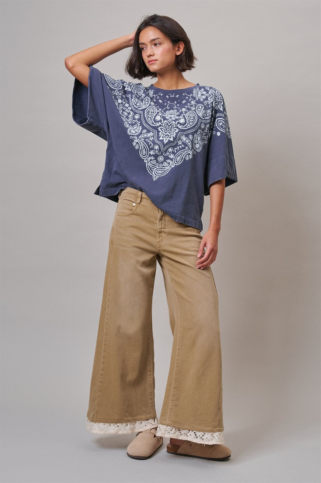 Bandana Print Oversized Graphic Tee, Washed Cotton in Indigo - Women's Graphic T-shirts | Urban Daizy