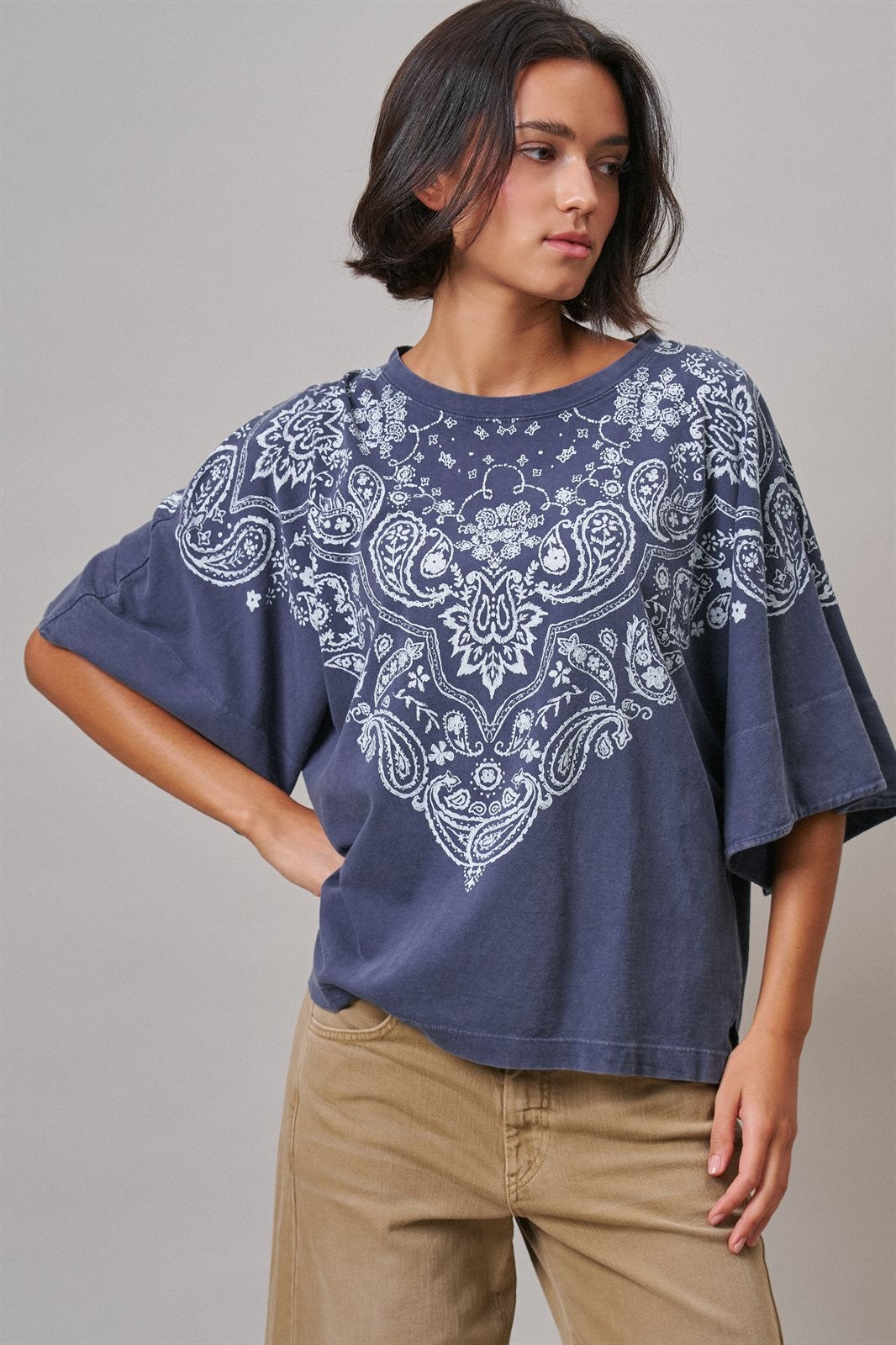 Bandana Print Oversized Graphic Tee, Washed Cotton in Indigo - Women's Graphic T-shirts | Urban Daizy