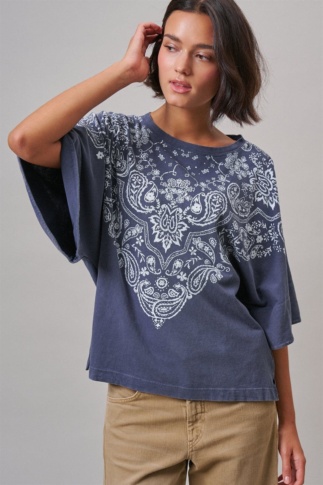 Bandana Print Oversized Graphic Tee, Washed Cotton in Indigo - Women's Graphic T-shirts | Urban Daizy