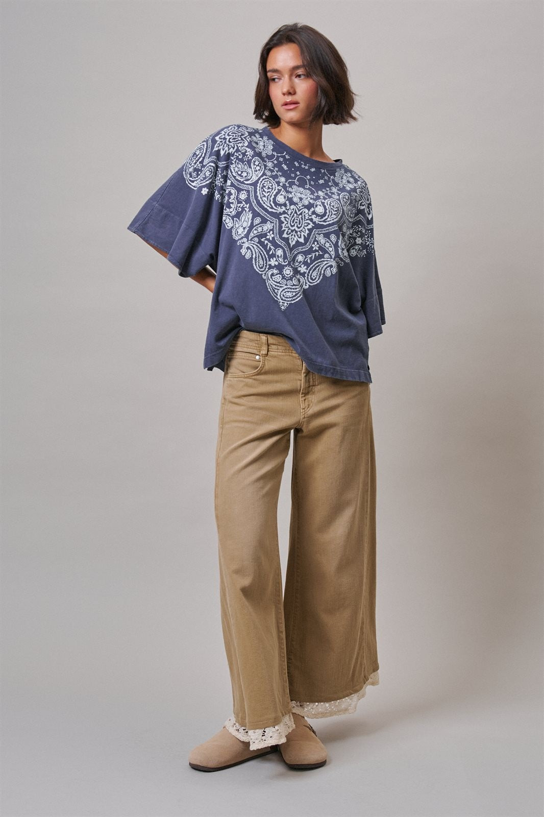 Bandana Print Oversized Graphic Tee, Washed Cotton in Indigo - Women's Graphic T-shirts | Urban Daizy