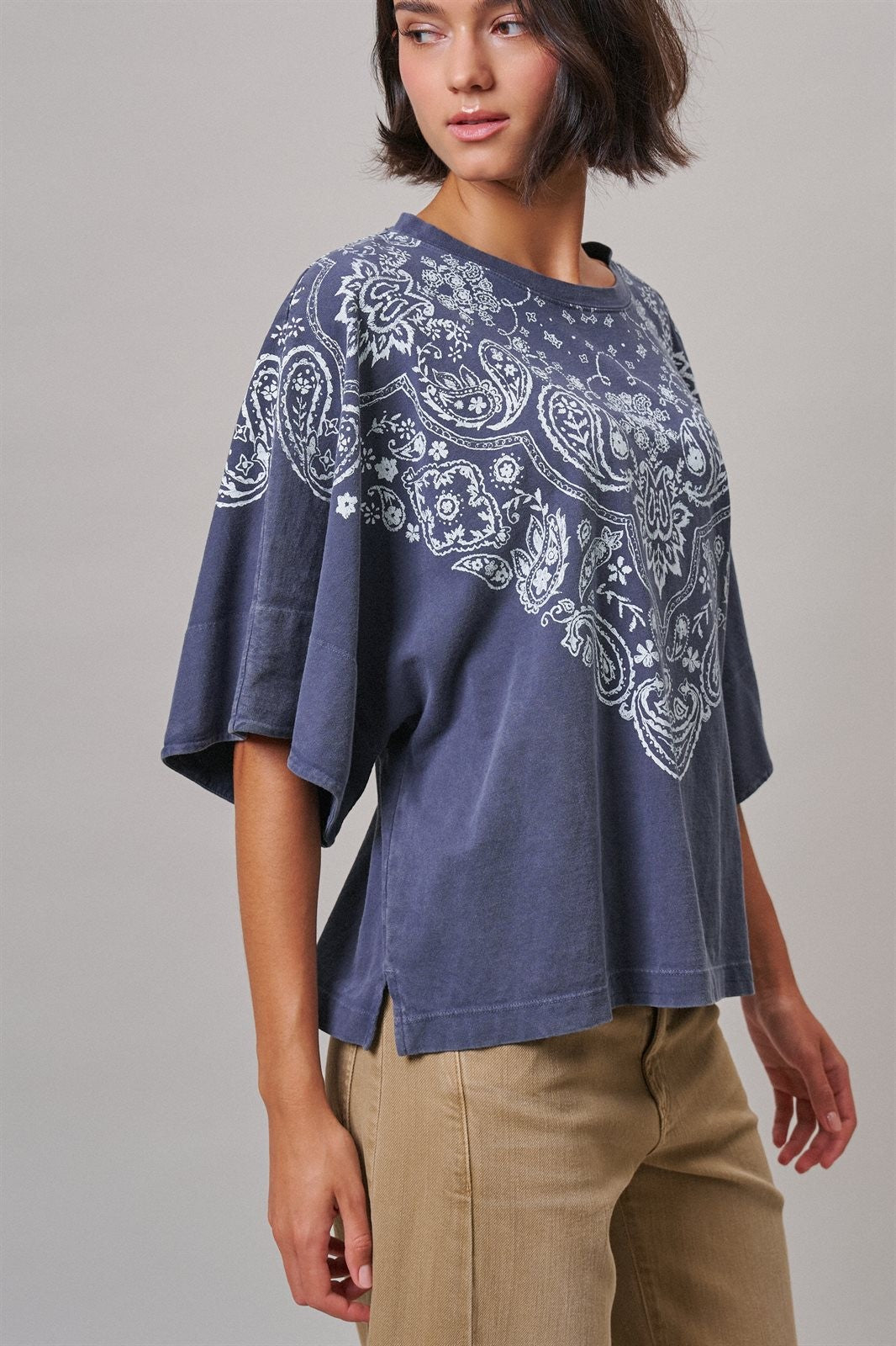 Bandana Print Oversized Graphic Tee, Washed Cotton in Indigo - Women's Graphic T-shirts | Urban Daizy