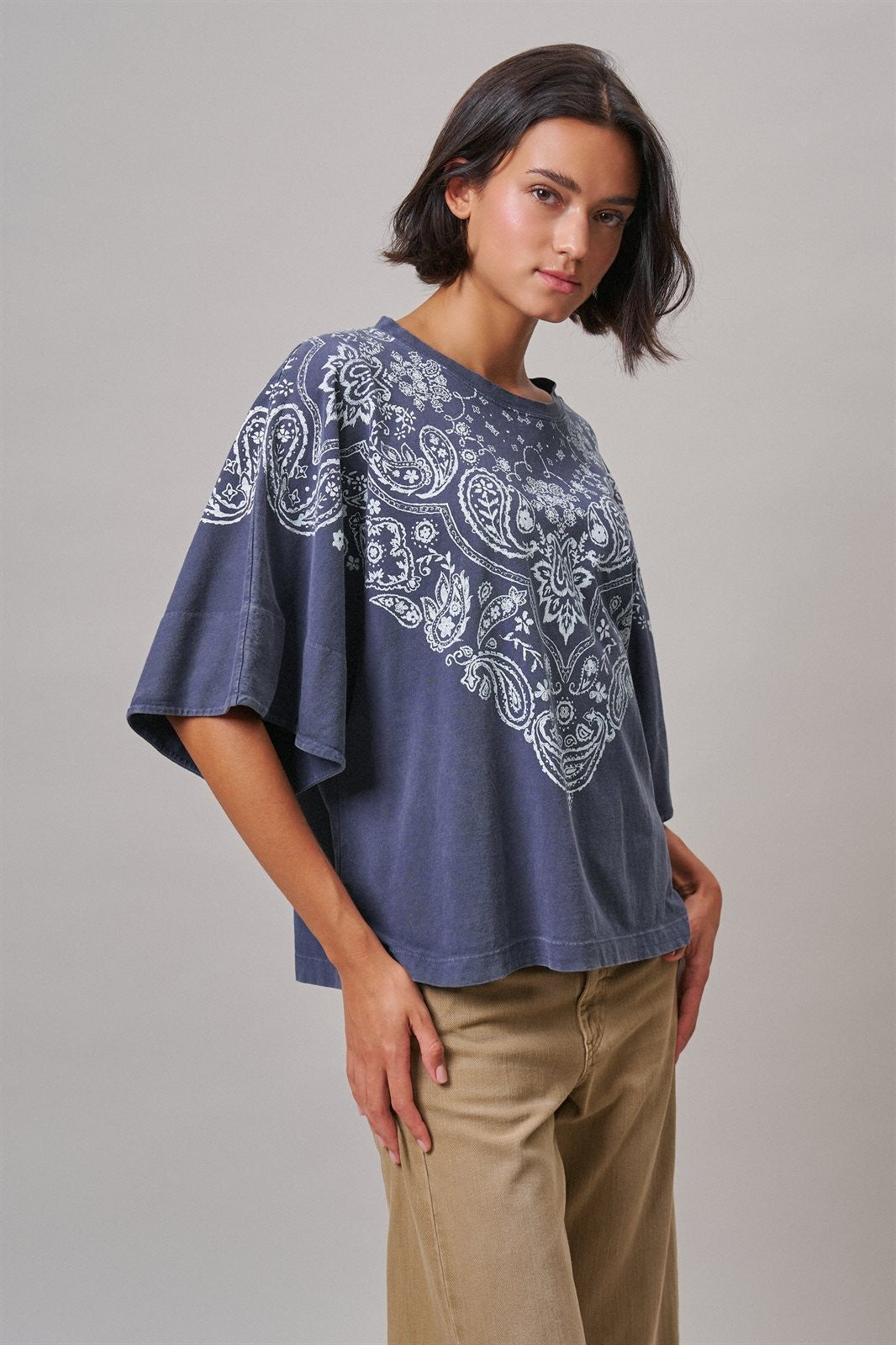 Bandana Print Oversized Graphic Tee, Washed Cotton in Indigo - Women's Graphic T-shirts | Urban Daizy