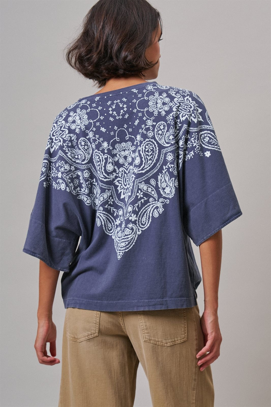 Bandana Print Oversized Graphic Tee, Washed Cotton in Indigo - Women's Graphic T-shirts | Urban Daizy
